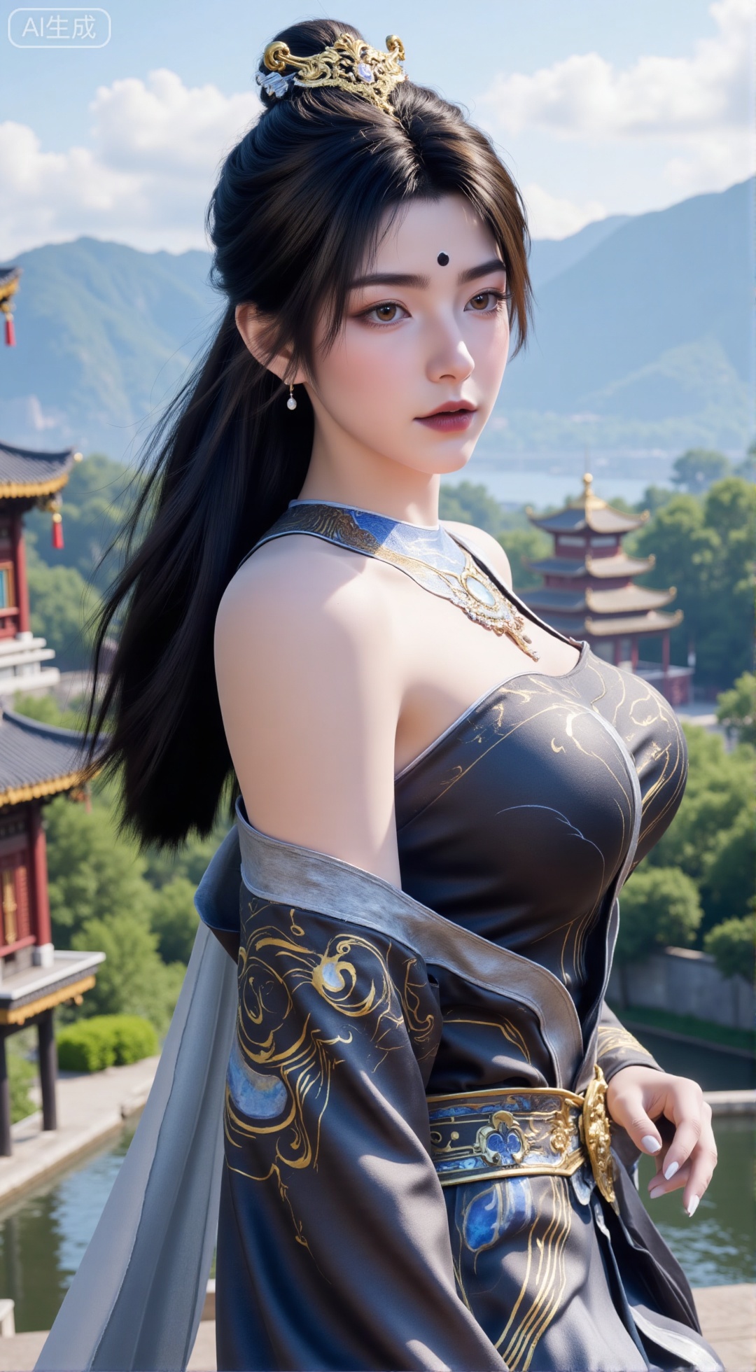 (masterpiece, best quality:1.2),1 girl, solo, long hair, hair accessories, clothing, long dress, jewelry, upper body, earrings. Background is outdoor, sky, clouds, water, trees, architecture, landscape, lantern, mountain, dragon, architecture, bridge, east Asian architecture, fog, pagoda,,(huge breasts:2.99),(full breasts:2.99),,XbaifengsongyuYH,Xbigbreasts,Xyehuiling,XtangwutongXnb,Xyinyangjiaoshengnv,XmupeilingHongyi