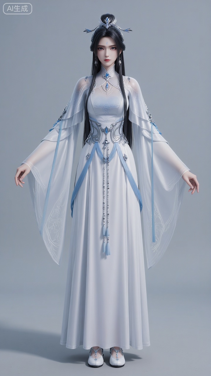 Full-body shot, looking at the viewer, one girl, front view, single person, earrings, black hair, long hair, hair accessories, hair bun, forehead mark, single hair bun, facial mark, dress, white dress, wide sleeves, layered design, traditional Chinese clothing, long sleeves, jewelry. Legs exposed. Medium bust, white dress. Fair skin, flawless face, delicate eyes, eyelashes.
 
Pure gray background, light and shadow, filled with natural light.,3d_character_lxq