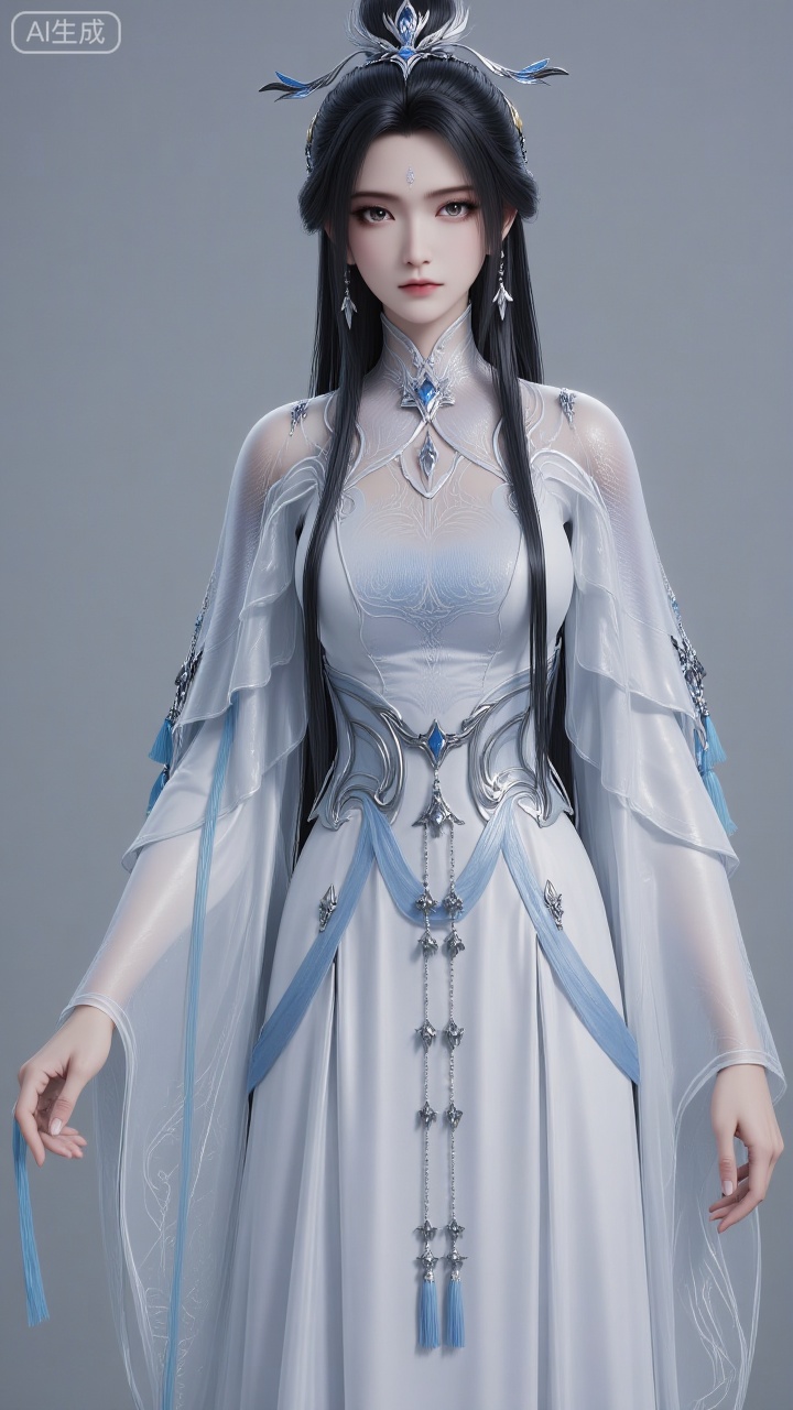 Upper-body shot, looking at the viewer, one girl, front view, single person, earrings, black hair, long hair, hair accessories, hair bun, forehead mark, single hair bun, facial mark, dress, white dress, wide sleeves, layered design, traditional Chinese clothing, long sleeves, jewelry. Medium bust, white dress. Fair skin, flawless face, delicate eyes, eyelashes.
 
Pure gray background, light and shadow, filled with natural light.