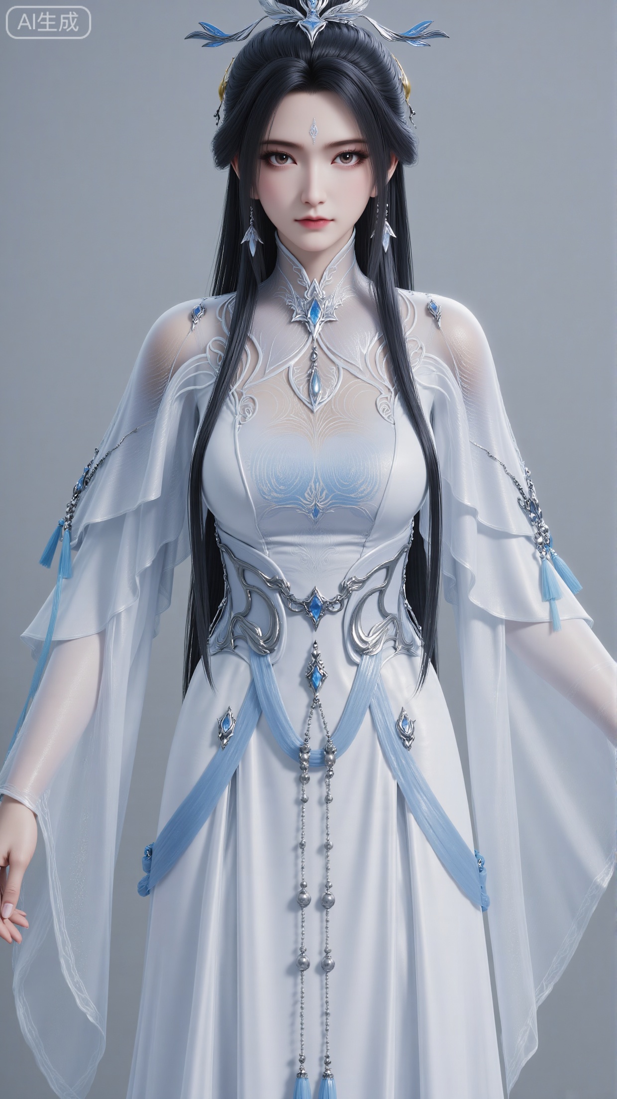 Upper-body shot, looking at the viewer, one girl, front view, single person, earrings, black hair, long hair, hair accessories, hair bun, forehead mark, single hair bun, facial mark, dress, white dress, wide sleeves, layered design, traditional Chinese clothing, long sleeves, jewelry. Medium bust, white dress. Fair skin, flawless face, delicate eyes, eyelashes.
 
Pure gray background, light and shadow, filled with natural light.