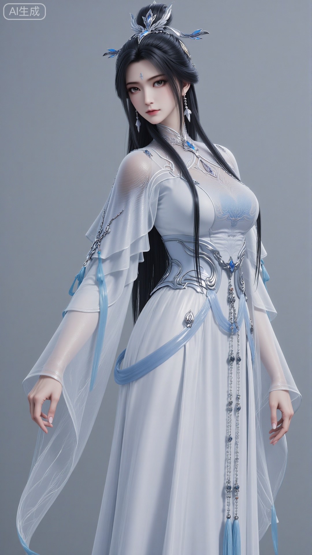 Upper-body shot, looking at the viewer, one girl, front view, single person, earrings, black hair, long hair, hair accessories, hair bun, forehead mark, single hair bun, facial mark, dress, white dress, wide sleeves, layered design, traditional Chinese clothing, long sleeves, jewelry. Medium bust, white dress. Fair skin, flawless face, delicate eyes, eyelashes.
 
Pure gray background, light and shadow, filled with natural light.