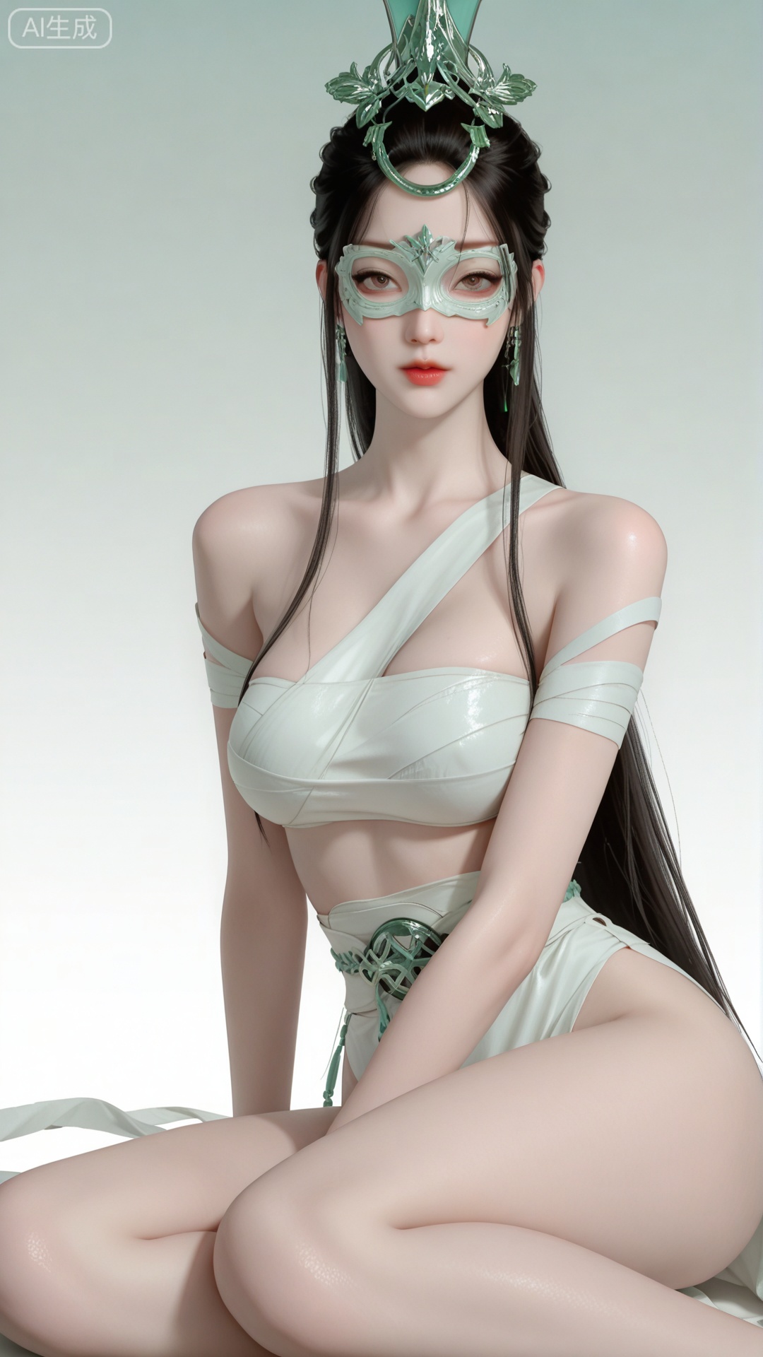 1girl, ljj clothes, solo, eye mask, exquisite skin, sitting, looking at viewer, even illumination, very awa, Gradient background,
