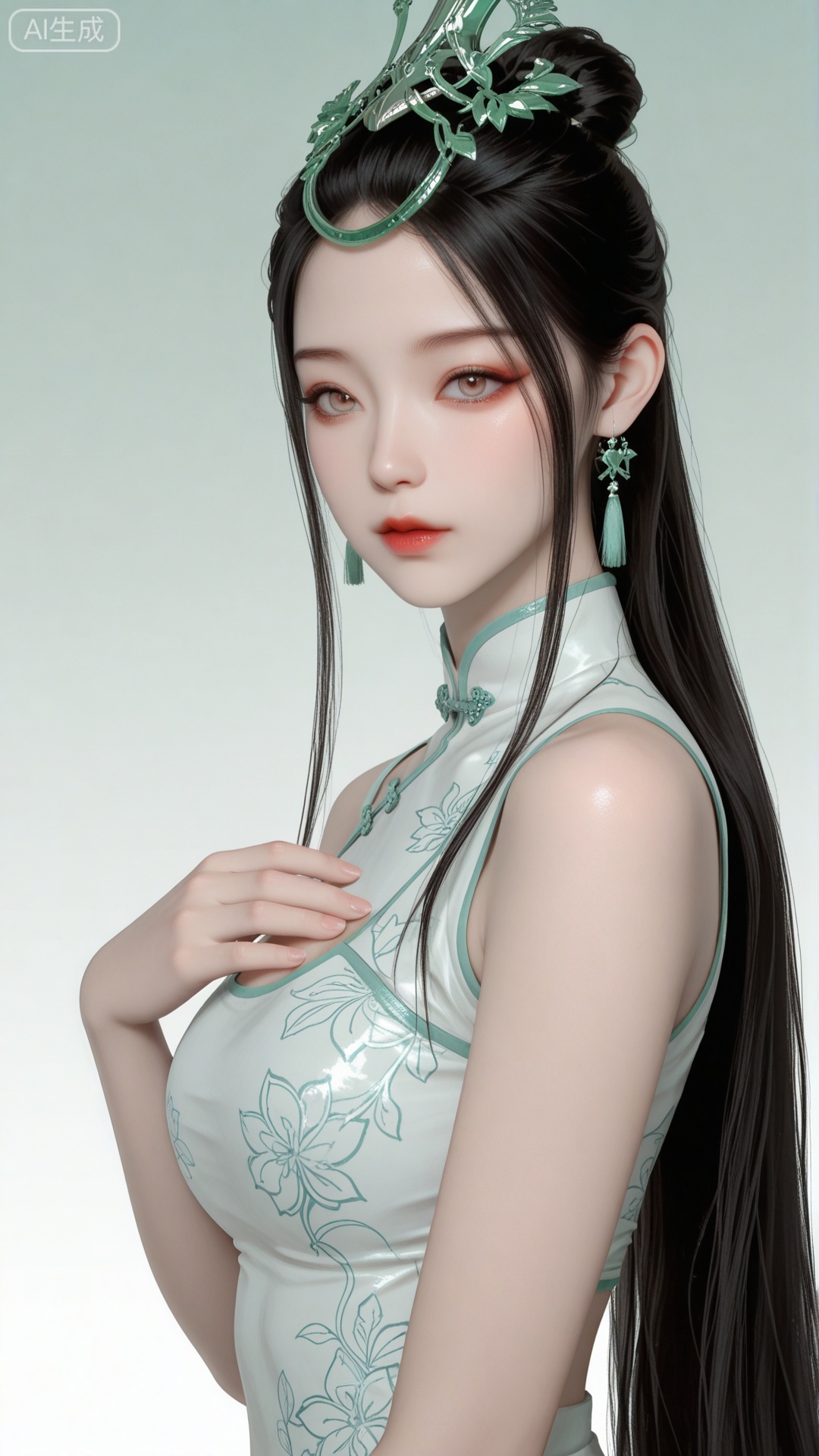 1girl, china dress, solo, exquisite skin, upper_body, looking at viewer, even illumination, very awa, Gradient background,