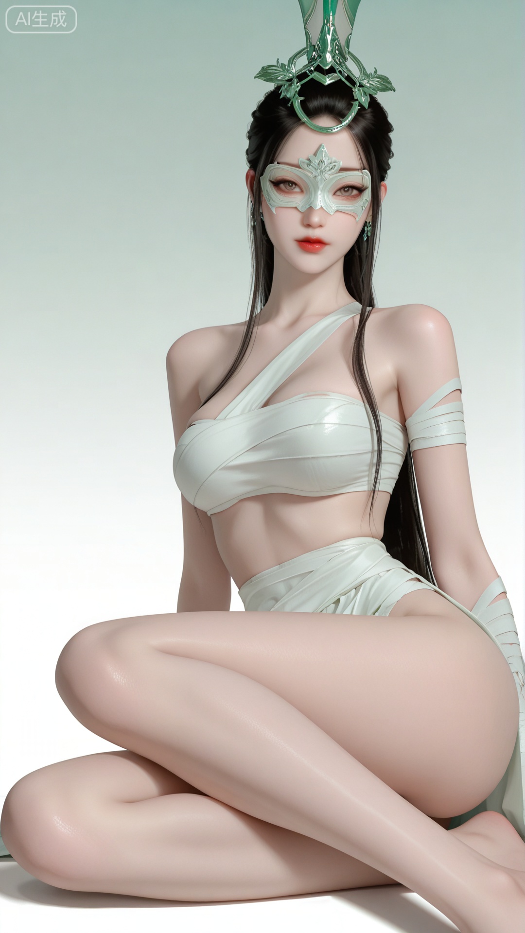 1girl, LJJ clothes, solo, eye mask, exquisite skin, sitting, looking at viewer, even illumination, very awa, Gradient background,