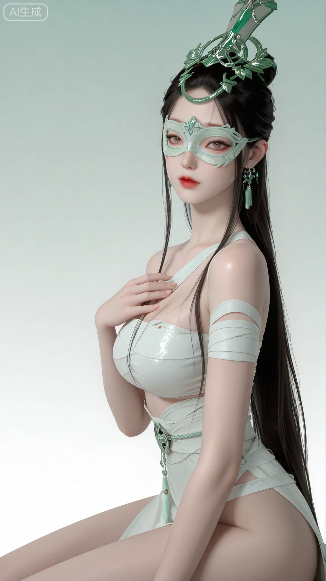 1girl, LJJ clothes, solo, eye mask, exquisite skin, sitting, looking at viewer, even illumination, very awa, Gradient background,