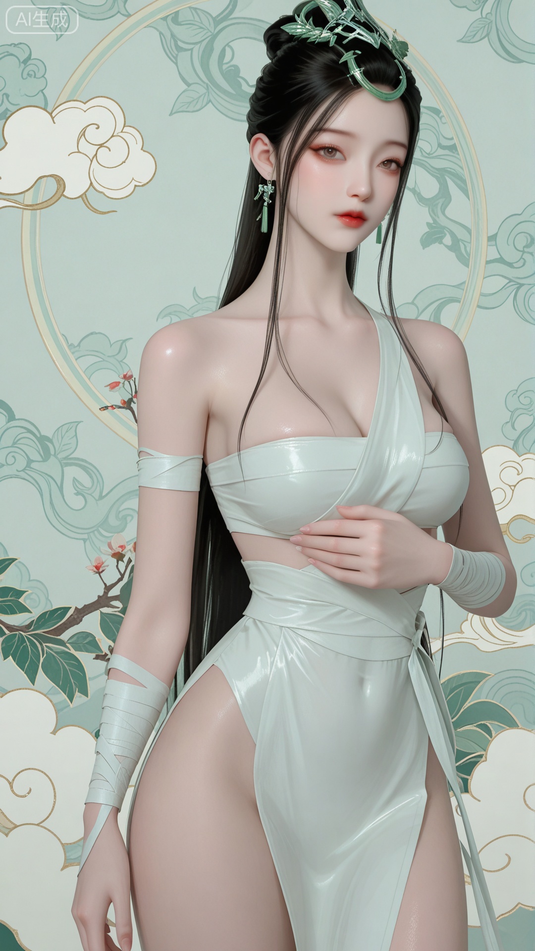 1girl, LJJ clothes, solo, exquisite skin, cowboy_shot, looking at viewer, even illumination, very awa, Solid Glossy and cloud background,