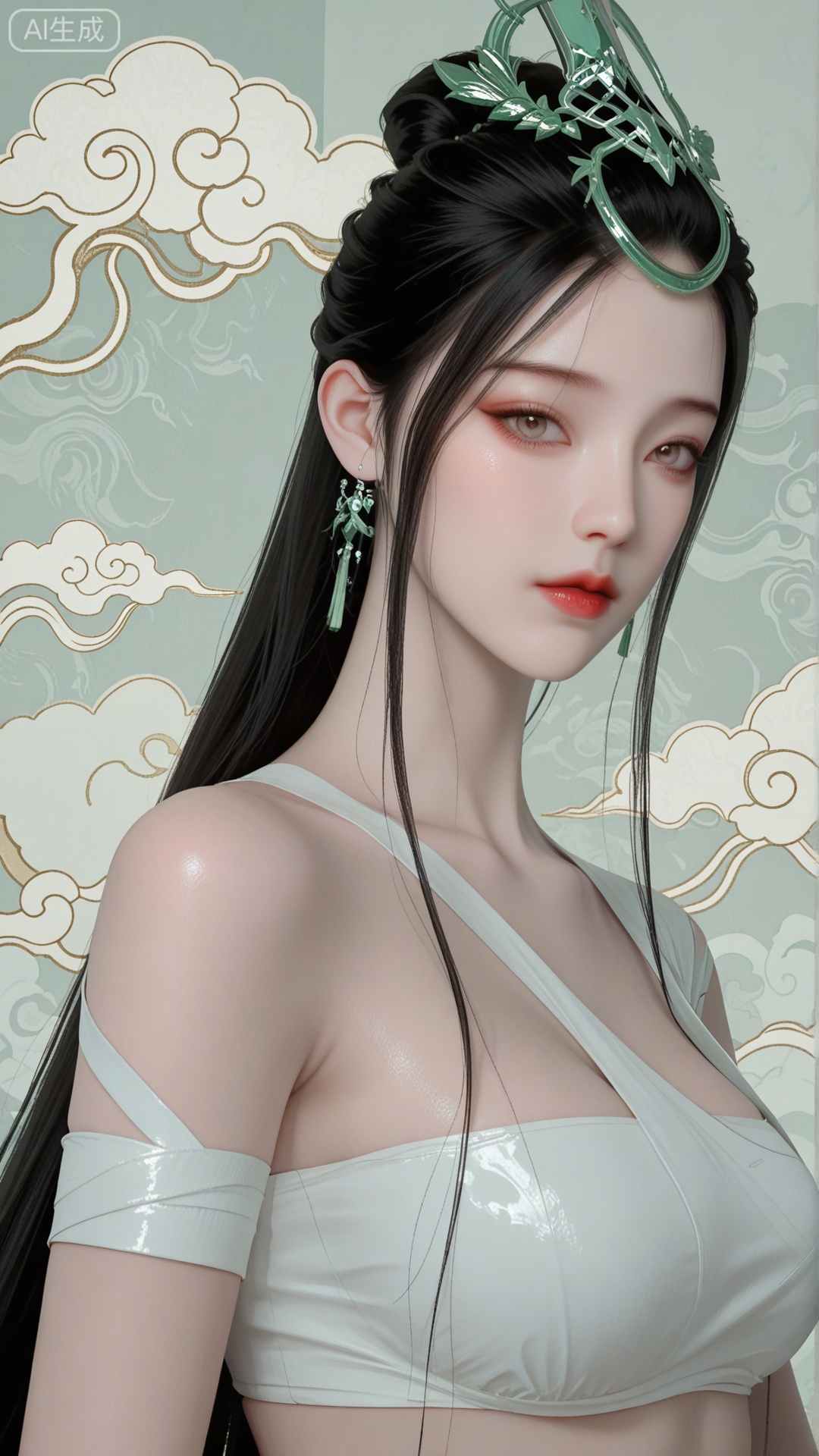 1girl, LJJ clothes, solo, exquisite skin, upper_body, looking at viewer, even illumination, very awa, Solid Glossy and cloud background,