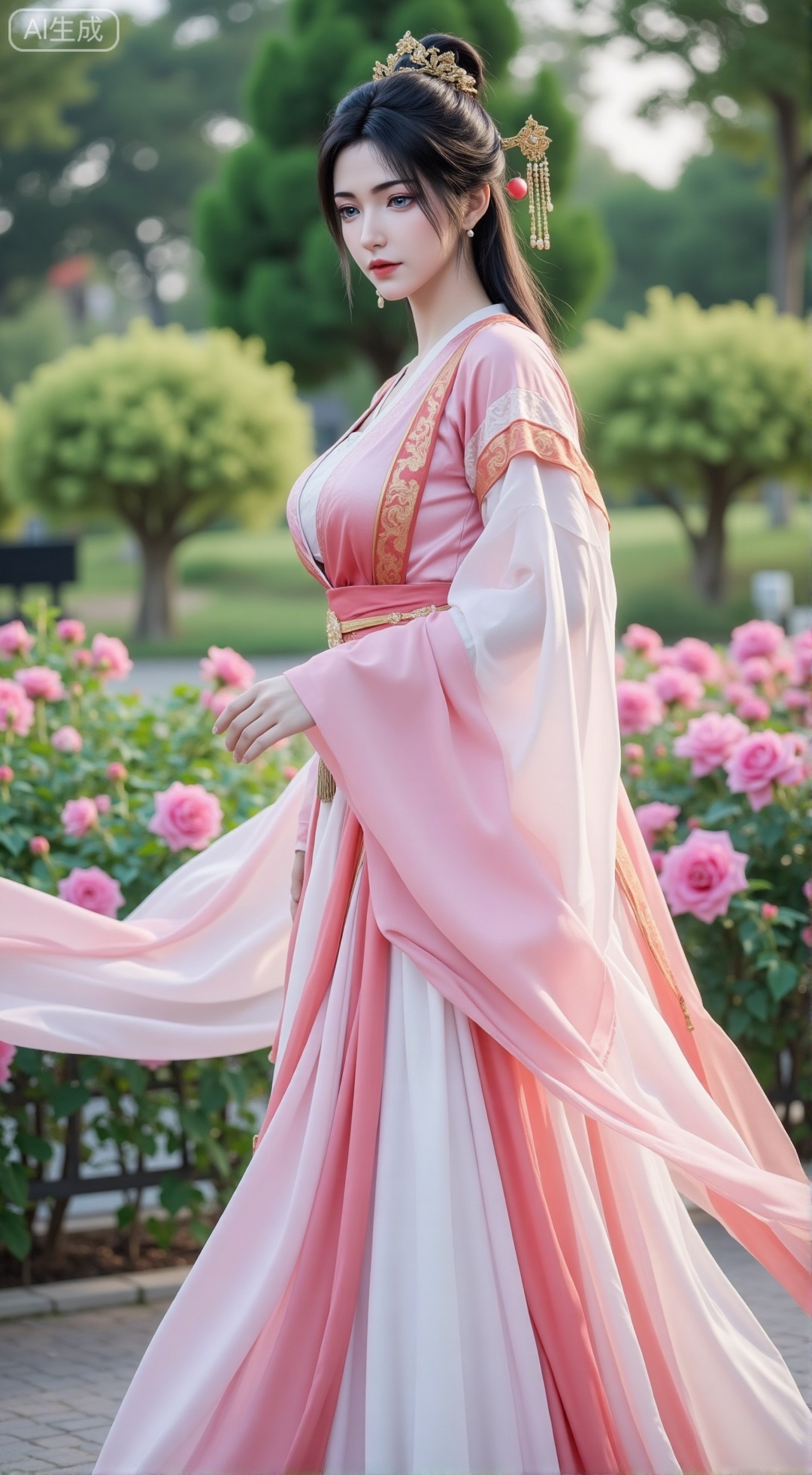 (masterpiece:1.2),best quality,,A woman adorned in traditional Chinese attire,(pink|white long dress,black long hair),featuring a flowing robe with intricate embroidery and floral accents. A garden filled with pink roses and lush greenery. Soft pastel hues of white,blue,and green,creating a serene atmosphere. Photorealistic photography.,(huge breasts:2.99),(full breasts:2.99),,XbaifengsongyuYH,Xbigbreasts,Xyehuiling,XtangwutongXnb,Xyinyangjiaoshengnv,XmupeilingHongyi