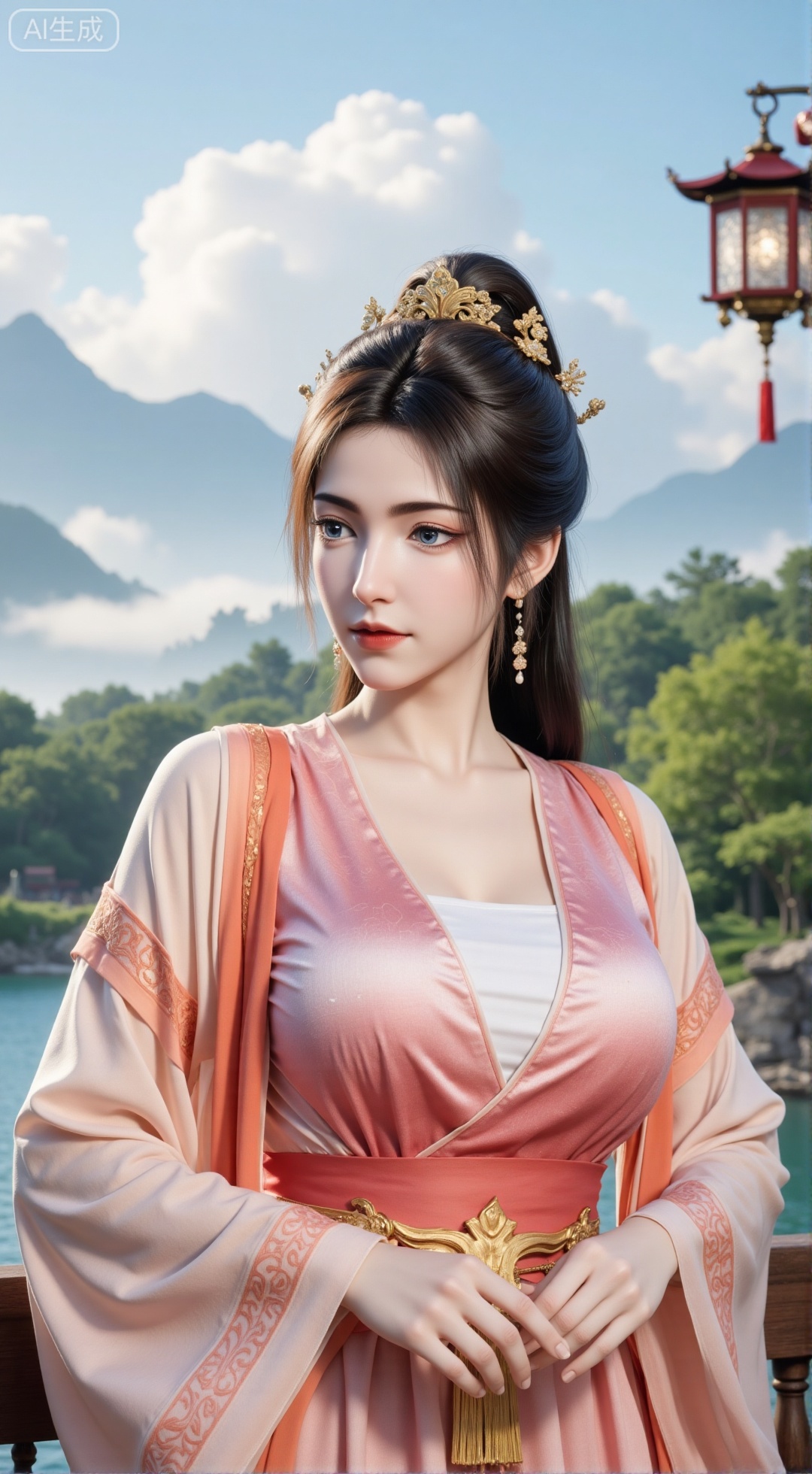 (masterpiece, best quality:1.2),1 girl, solo, long hair, hair accessories, clothing, long dress, jewelry, upper body, earrings. Background is outdoor, sky, clouds, water, trees, architecture, landscape, lantern, mountain, dragon, architecture, bridge, east Asian architecture, fog, pagoda,,(huge breasts:2.99),(full breasts:2.99),,XbaifengsongyuYH,Xbigbreasts,Xyehuiling,XtangwutongXnb,Xyinyangjiaoshengnv,XmupeilingHongyi