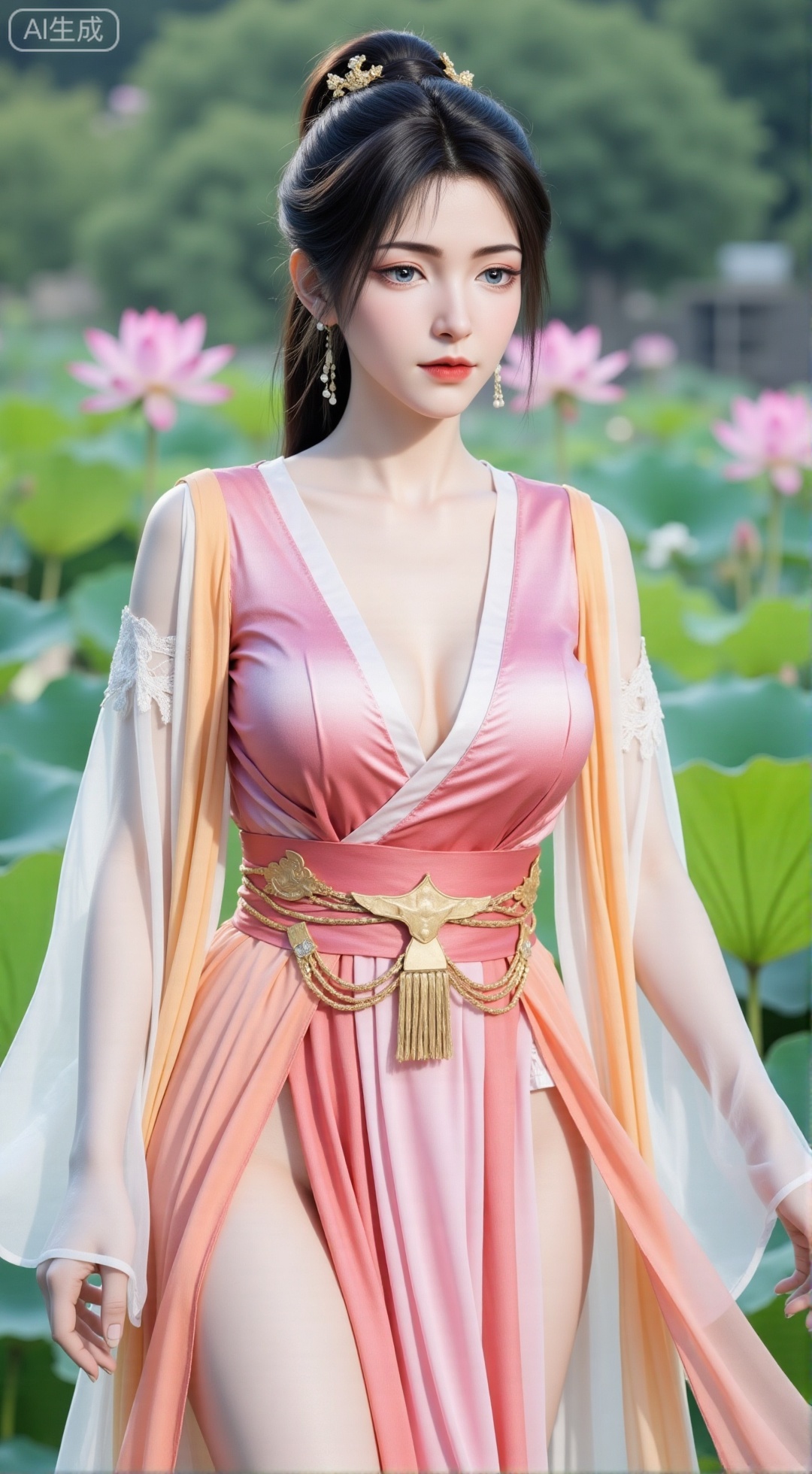 (masterpiece, best quality:1.2),1girl, navel, solo, midriff, bare shoulders, hair ornament,(long hair),(High double ponytail:1.49), red lips, BREAK, (looking at viewer:1.39), chinese clothes,(Holographic pink|white|yellow long dress:1.36), (lace,Rainbow Gradient Color:1.28), BREAK,blurry, solo focus, long hair, lips, daytime, lipstick, outdoors, standing,upper body,(huge breasts:2.89), background, solo, makeup,(Stockings, high heels:1.29),(huge breasts:2.99),(full breasts:2.99),,(Background with lotus pond and pink lotus flowers:1.39),XbaifengsongyuYH,Xbigbreasts,Xyehuiling,XtangwutongXnb,Xyinyangjiaoshengnv,XmupeilingHongyi