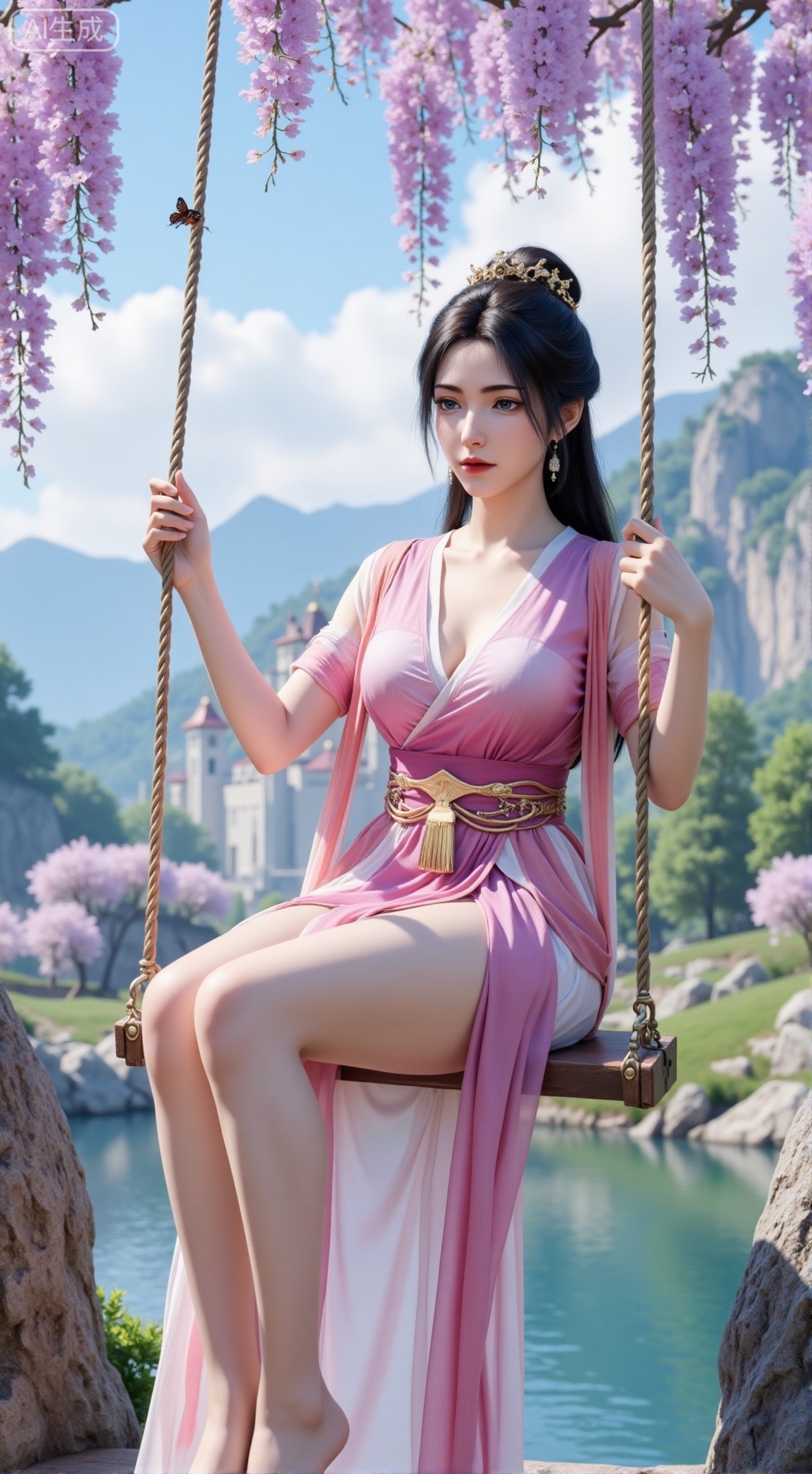 sfw,(masterpiece, top quality, best quality, official art, beautiful and aesthetic:1.2),Dynamic posture,(Sitting on the swing:1.39),natural skin texture,(Milky skin:1.2),1gir,solo,long Dress, (Long legs, perfect proportions:1.2),(Sakura, butterfly:1.29),(huge breasts:2.99),(full breasts:2.99),Wisteria, wisteria flowers, castle, waterfall, mountains in the distance,,XbaifengsongyuYH,Xbigbreasts,Xyehuiling,XtangwutongXnb,Xyinyangjiaoshengnv,XmupeilingHongyi