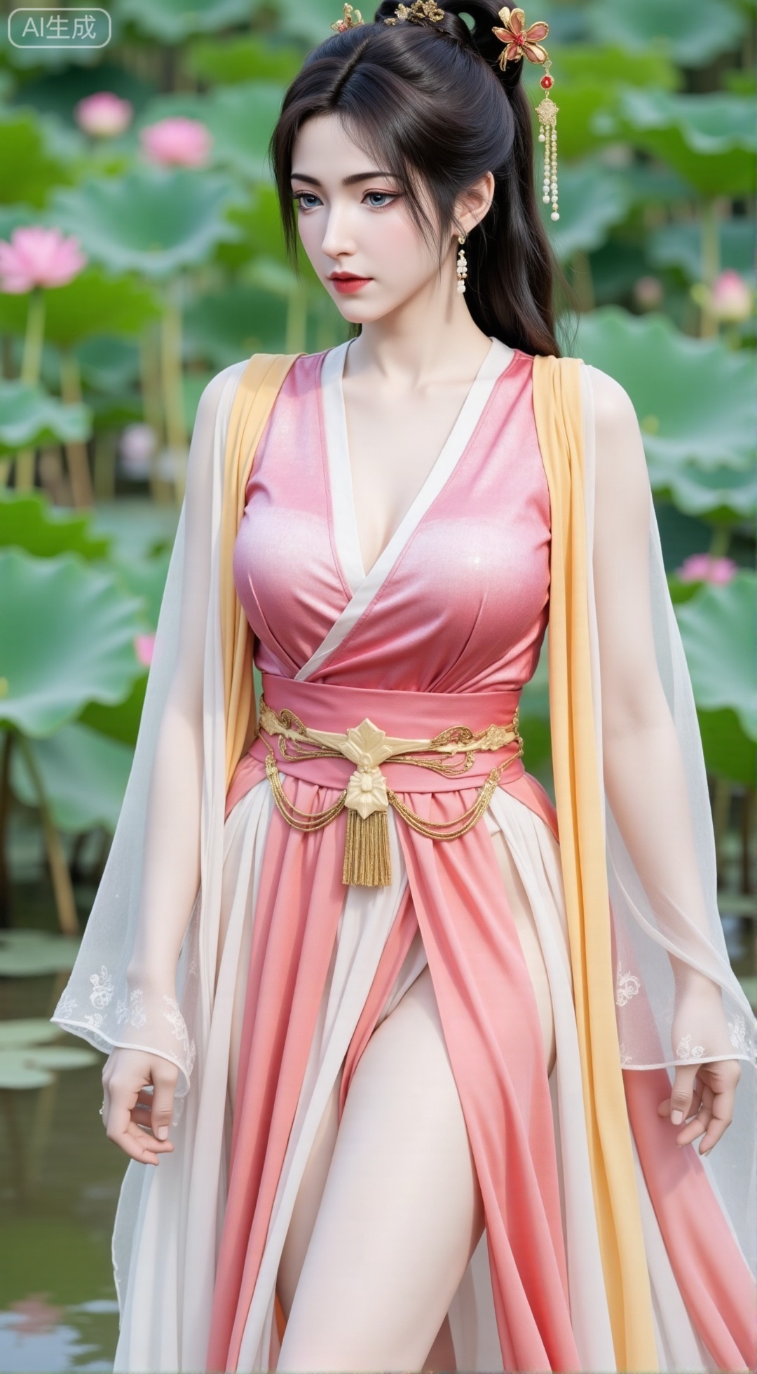 (masterpiece, best quality:1.2),1girl, navel, solo, midriff, bare shoulders, hair ornament,(long hair),(High double ponytail:1.49), red lips, BREAK, (looking at viewer:1.39), chinese clothes,(Holographic pink|white|yellow long dress:1.36), (lace,Rainbow Gradient Color:1.28), BREAK,blurry, solo focus, long hair, lips, daytime, lipstick, outdoors, standing,upper body,(huge breasts:2.89), background, solo, makeup,(Stockings, high heels:1.29),(huge breasts:2.99),(full breasts:2.99),,(Background with lotus pond and pink lotus flowers:1.39),XbaifengsongyuYH,Xbigbreasts,Xyehuiling,XtangwutongXnb,Xyinyangjiaoshengnv,XmupeilingHongyi