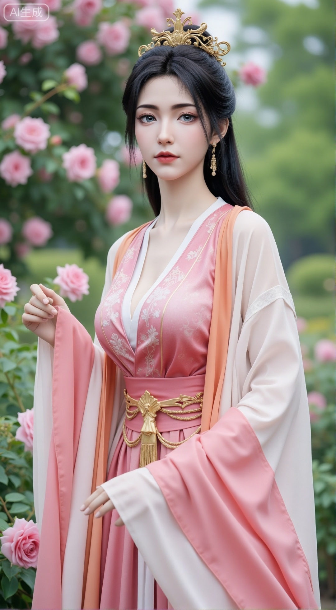 (masterpiece:1.2),best quality,,A woman adorned in traditional Chinese attire,(pink|white long dress,black long hair),featuring a flowing robe with intricate embroidery and floral accents. A garden filled with pink roses and lush greenery. Soft pastel hues of white,blue,and green,creating a serene atmosphere. Photorealistic photography.,(huge breasts:2.99),(full breasts:2.99),,XbaifengsongyuYH,Xbigbreasts,Xyehuiling,XtangwutongXnb,Xyinyangjiaoshengnv,XmupeilingHongyi