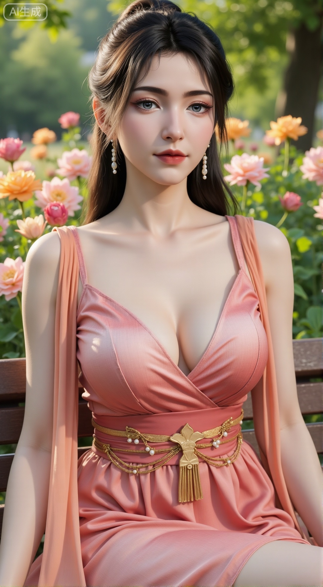 (masterpiece, best quality:1.2),A beauty ,(dress). Leaning on a garden bench filled with macaron - colored flowers,.Sunlight filters through the leaves onto her face, creating a lazy and gentle atmosphere, and her skirt sways softly in the breeze. 8K resolution, detailed texture of knitted fabric, lustrous pearl texture, vivid flower colors, soft natural light, Instagram - style filter texture.,(huge breasts:2.99),(full breasts:2.99),,XbaifengsongyuYH,Xbigbreasts,Xyehuiling,XtangwutongXnb,Xyinyangjiaoshengnv,XmupeilingHongyi