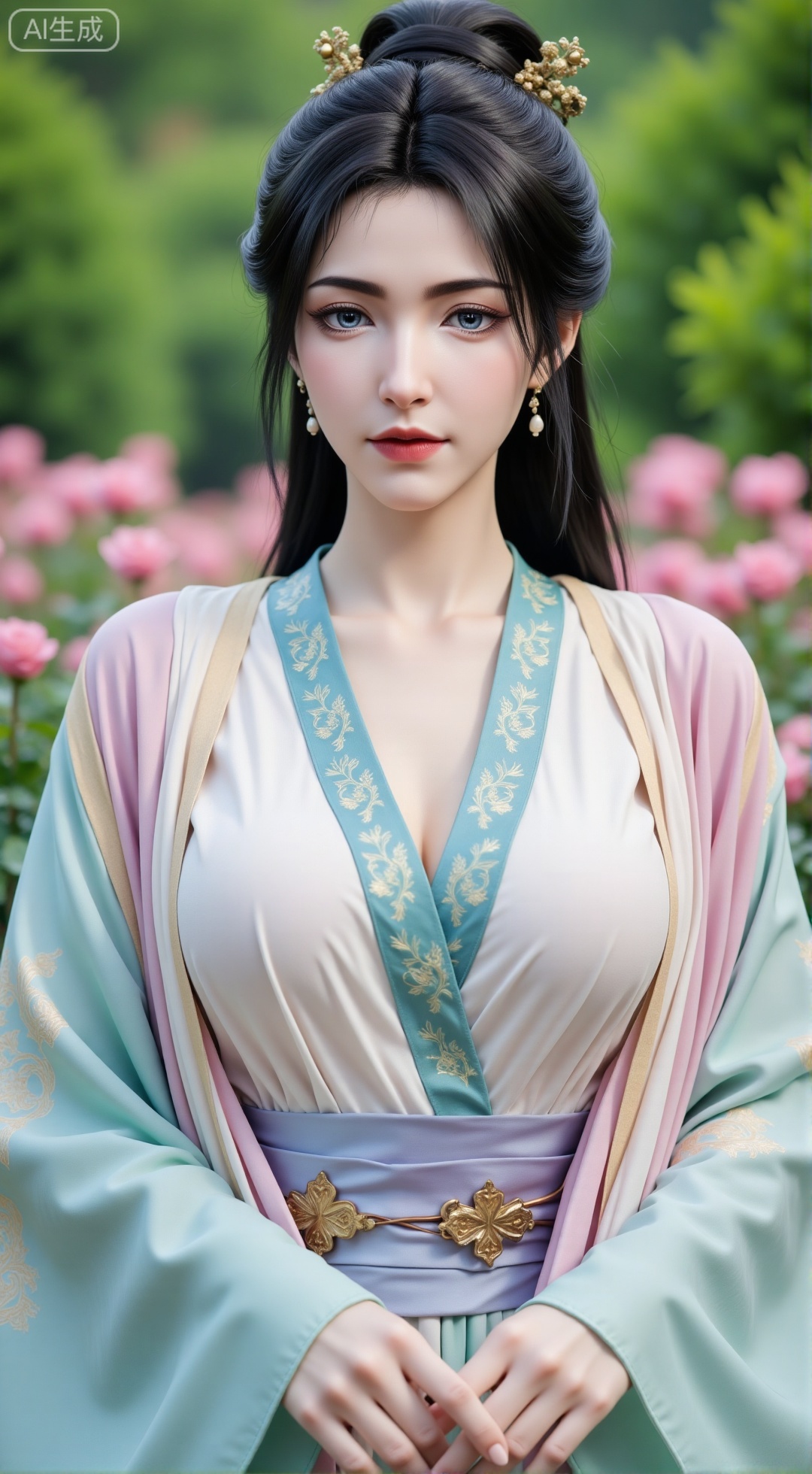 (masterpiece:1.2),best quality,,A woman adorned in traditional Chinese attire,(long dress,black long hair),featuring a flowing robe with intricate embroidery and floral accents. A garden filled with pink roses and lush greenery. Soft pastel hues of white,blue,and green,creating a serene atmosphere. Photorealistic photography.,(huge breasts:2.99),(full breasts:2.99),,XbaifengsongyuYH,Xbigbreasts,Xyehuiling,XtangwutongXnb,Xyinyangjiaoshengnv,XmupeilingHongyi