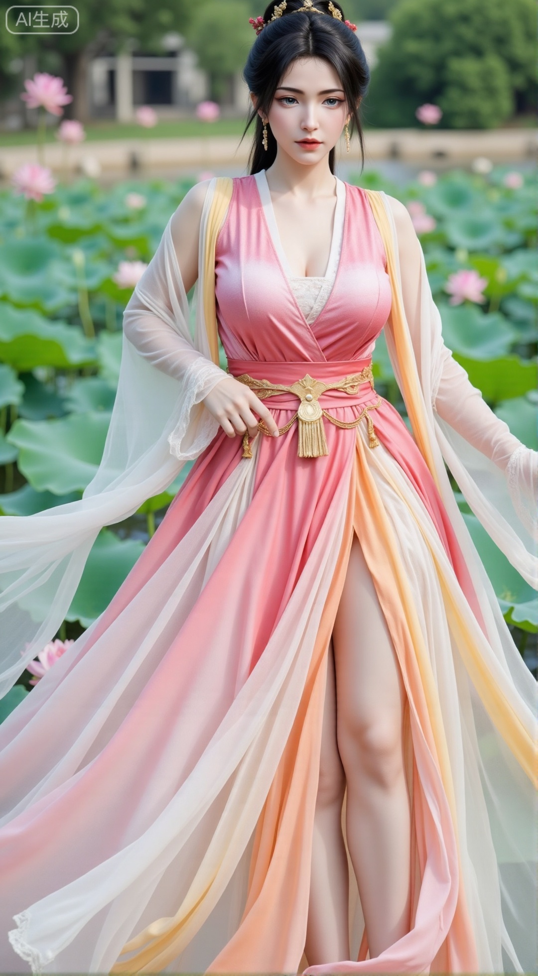(masterpiece, best quality:1.2),1girl, navel, solo, midriff, bare shoulders, hair ornament,(long hair),(High double ponytail:1.49), red lips, BREAK, (looking at viewer:1.39), chinese clothes,(Holographic pink|white|yellow long dress:1.36), (lace,Rainbow Gradient Color:1.28), BREAK,blurry, solo focus, long hair, lips, daytime, lipstick, outdoors, standing,upper body,(huge breasts:2.89), background, solo, makeup,(Stockings, high heels:1.29),(huge breasts:2.99),(full breasts:2.99),,(Background with lotus pond and pink lotus flowers:1.39),XbaifengsongyuYH,Xbigbreasts,Xyehuiling,XtangwutongXnb,Xyinyangjiaoshengnv,XmupeilingHongyi