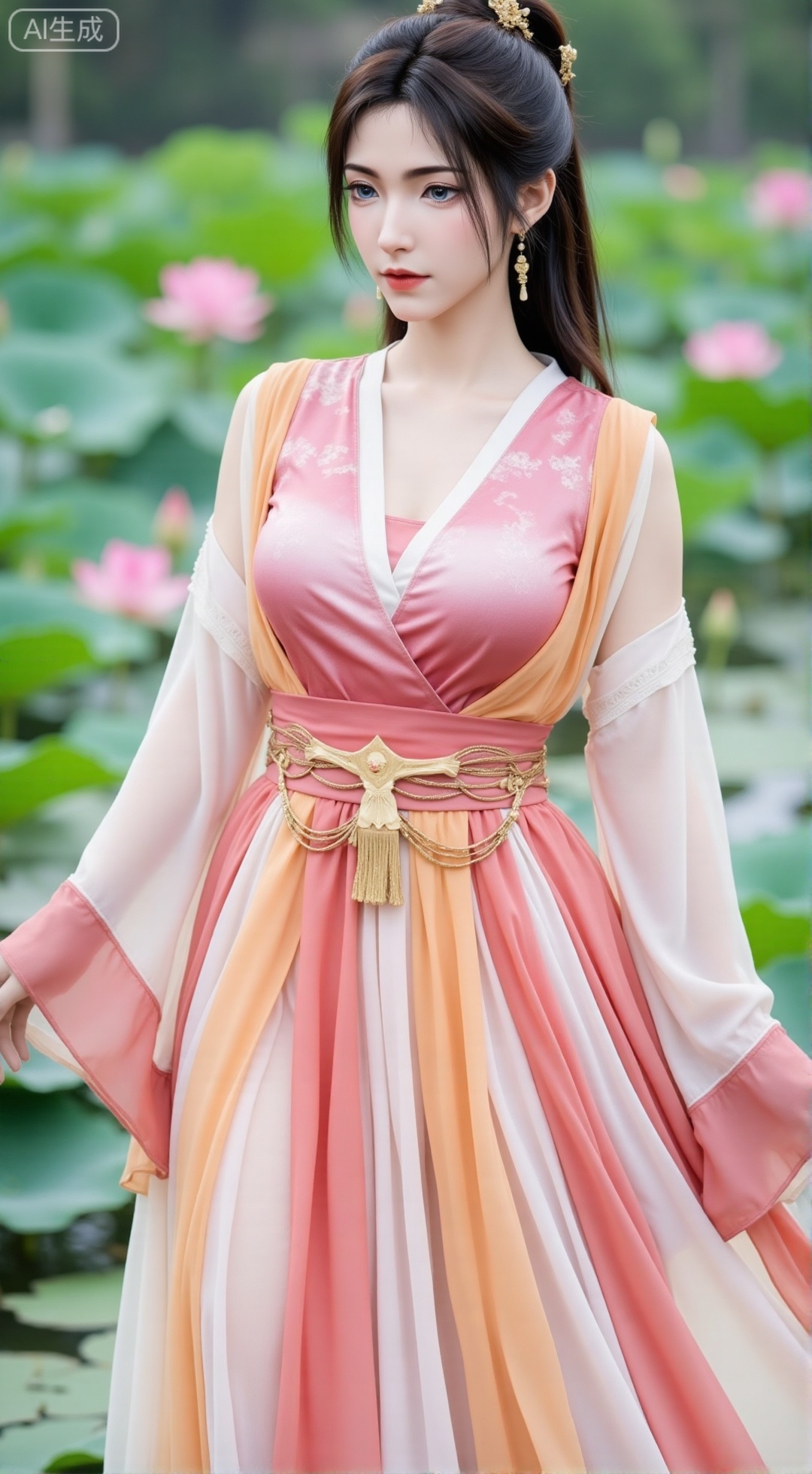 (masterpiece, best quality:1.2),1girl, navel, solo, midriff, bare shoulders, hair ornament,(long hair),(High double ponytail:1.49), red lips, BREAK, (looking at viewer:1.39), chinese clothes,(Holographic pink|white|yellow long dress:1.36), (lace,Rainbow Gradient Color:1.28), BREAK,blurry, solo focus, long hair, lips, daytime, lipstick, outdoors, standing,upper body,(huge breasts:2.89), background, solo, makeup,(Stockings, high heels:1.29),(huge breasts:2.99),(full breasts:2.99),,(Background with lotus pond and pink lotus flowers:1.39),XbaifengsongyuYH,Xbigbreasts,Xyehuiling,XtangwutongXnb,Xyinyangjiaoshengnv,XmupeilingHongyi