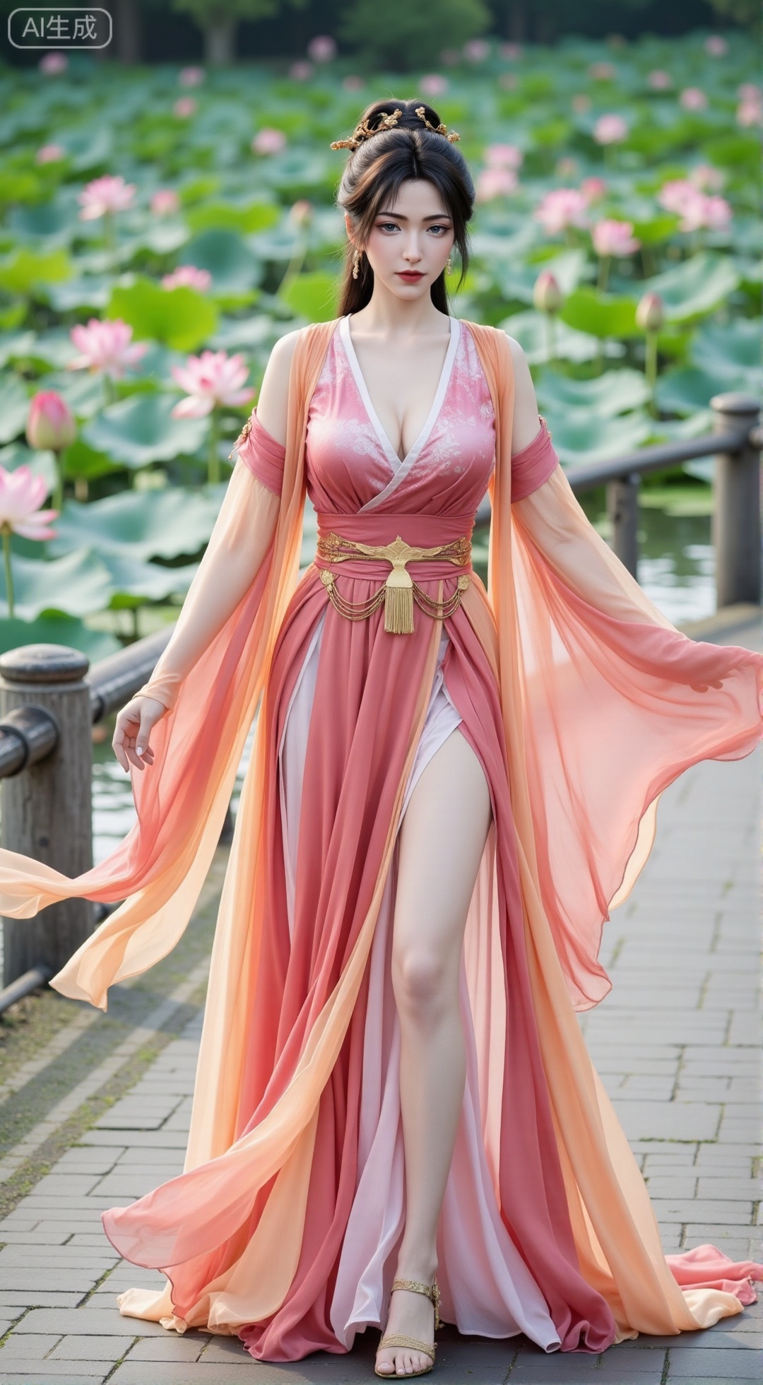 (masterpiece, best quality:1.2),1girl, navel, solo, midriff, bare shoulders, hair ornament,(long hair),(High double ponytail:1.49), red lips, BREAK, (looking at viewer:1.39), chinese clothes,(Holographic Color long dress:1.36), (lace,Rainbow Gradient Color:1.28), BREAK,blurry, solo focus, long hair, lips, daytime, lipstick, outdoors, standing,upper body,(huge breasts:2.89), background, solo, makeup,(Stockings, high heels:1.29),(huge breasts:2.99),(full breasts:2.99),,(Background with lotus pond and pink lotus flowers:1.39),XbaifengsongyuYH,Xbigbreasts,Xyehuiling,XtangwutongXnb,Xyinyangjiaoshengnv,XmupeilingHongyi