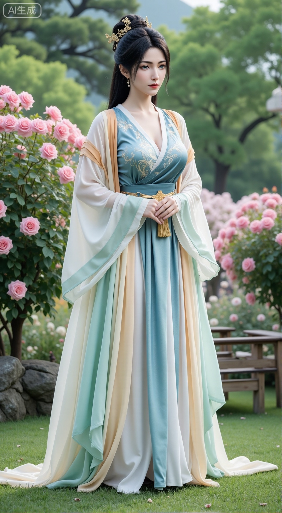 (masterpiece:1.2),best quality,,A woman adorned in traditional Chinese attire,(long dress,black long hair),featuring a flowing robe with intricate embroidery and floral accents. A garden filled with pink roses and lush greenery. Soft pastel hues of white,blue,and green,creating a serene atmosphere. Photorealistic photography.,(huge breasts:2.99),(full breasts:2.99),,XbaifengsongyuYH,Xbigbreasts,Xyehuiling,XtangwutongXnb,Xyinyangjiaoshengnv,XmupeilingHongyi