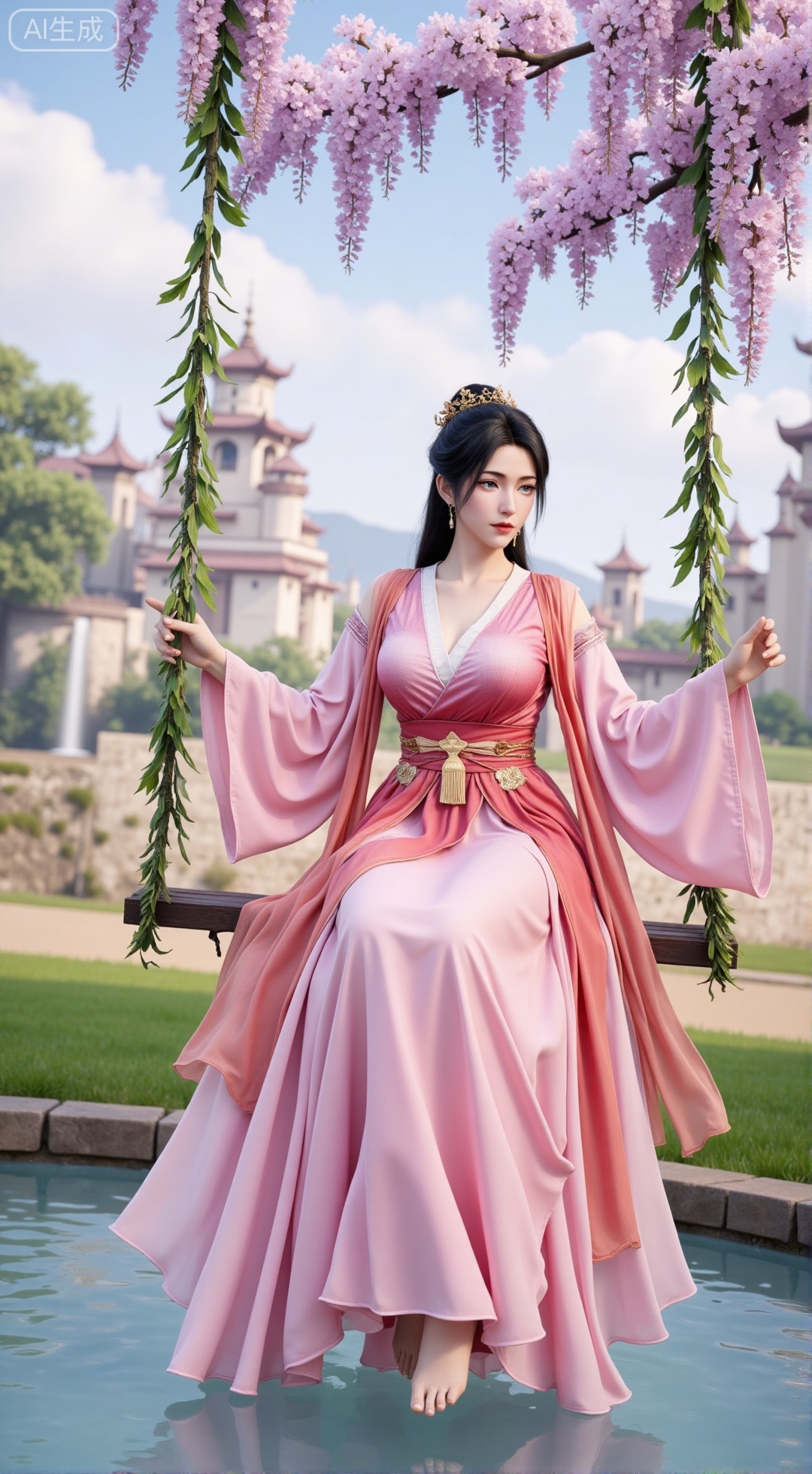 sfw,(masterpiece, top quality, best quality, official art, beautiful and aesthetic:1.2),Dynamic posture,(Sitting on the swing:1.39),natural skin texture,(Milky skin:1.2),1gir,solo,long Dress, (Long legs, perfect proportions:1.2),(Sakura, butterfly:1.29),(huge breasts:2.99),(full breasts:2.99),Wisteria, wisteria flowers, castle, waterfall, mountains in the distance,,XbaifengsongyuYH,Xbigbreasts,Xyehuiling,XtangwutongXnb,Xyinyangjiaoshengnv,XmupeilingHongyi