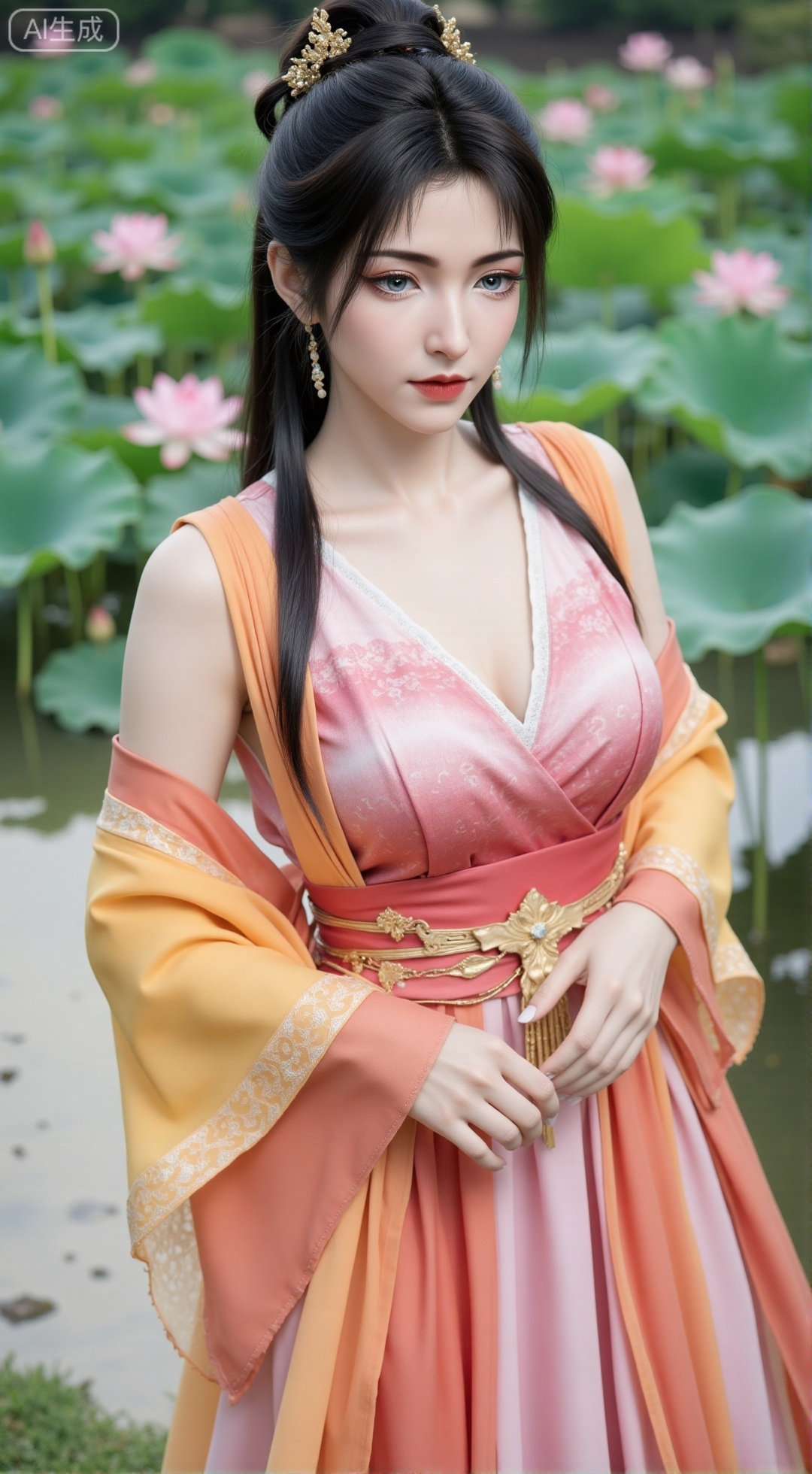 (masterpiece, best quality:1.2),1girl, navel, solo, midriff, bare shoulders, hair ornament,(long hair),(High double ponytail:1.49), red lips, BREAK, (looking at viewer:1.39), chinese clothes,(Holographic Color long dress:1.36), (lace,Rainbow Gradient Color:1.28), BREAK,blurry, solo focus, long hair, lips, daytime, lipstick, outdoors, standing,upper body,(huge breasts:2.89), background, solo, makeup,(Stockings, high heels:1.29),(huge breasts:2.99),(full breasts:2.99),,(Background with lotus pond and pink lotus flowers:1.39),XbaifengsongyuYH,Xbigbreasts,Xyehuiling,XtangwutongXnb,Xyinyangjiaoshengnv,XmupeilingHongyi
