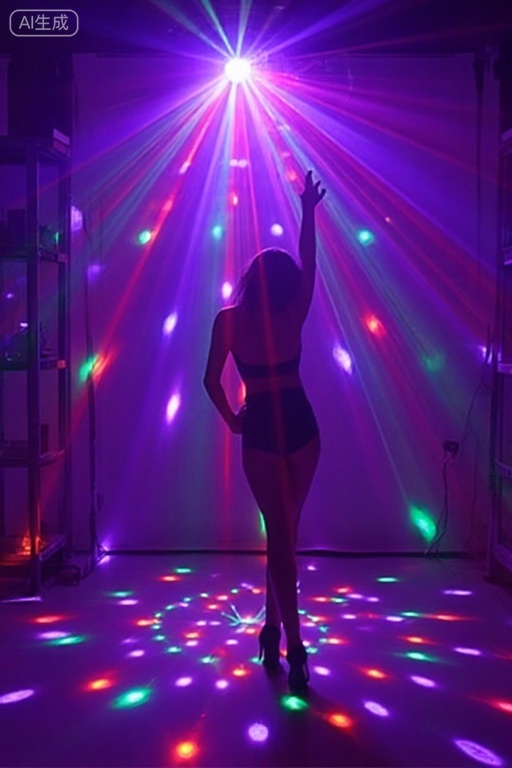 On the roof, a round laser light turns and gives off colorful light.*1.5. and the light outlines her smooth skin and delicate facial features. Pointed high heels, long legs, super wide-angle lens. 32K ultra-high definition image quality,The laser light overhead emits colorful lasers.
