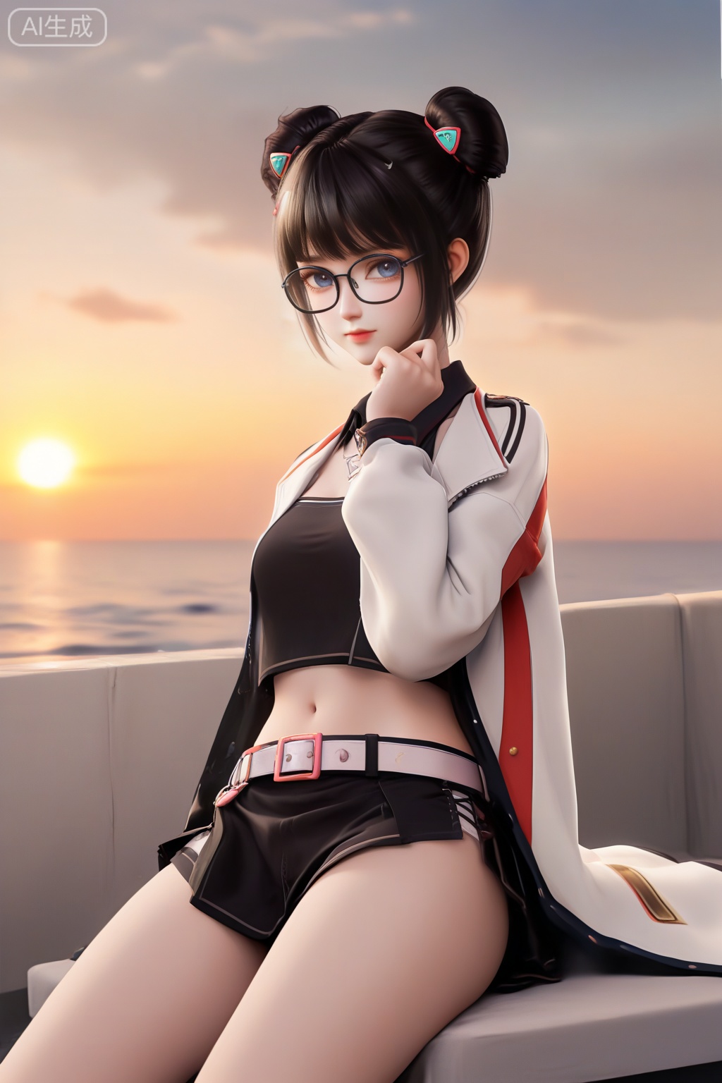 masterpiece,best quality,official art,extremely detailed CG unity 8k wallpaper,1girl,solo,looking at viewer,short hair,bangs,skirt,black hair,long sleeves,navel,jewelry,white coat,open coat,glasses,shorts,midriff,belt,black skirt,hair bun,open clothes,double bun,monochrome,Sunset theme background,intimate atmosphere,intimate atmosphere,intimate atmosphere,sitting,off shoulder