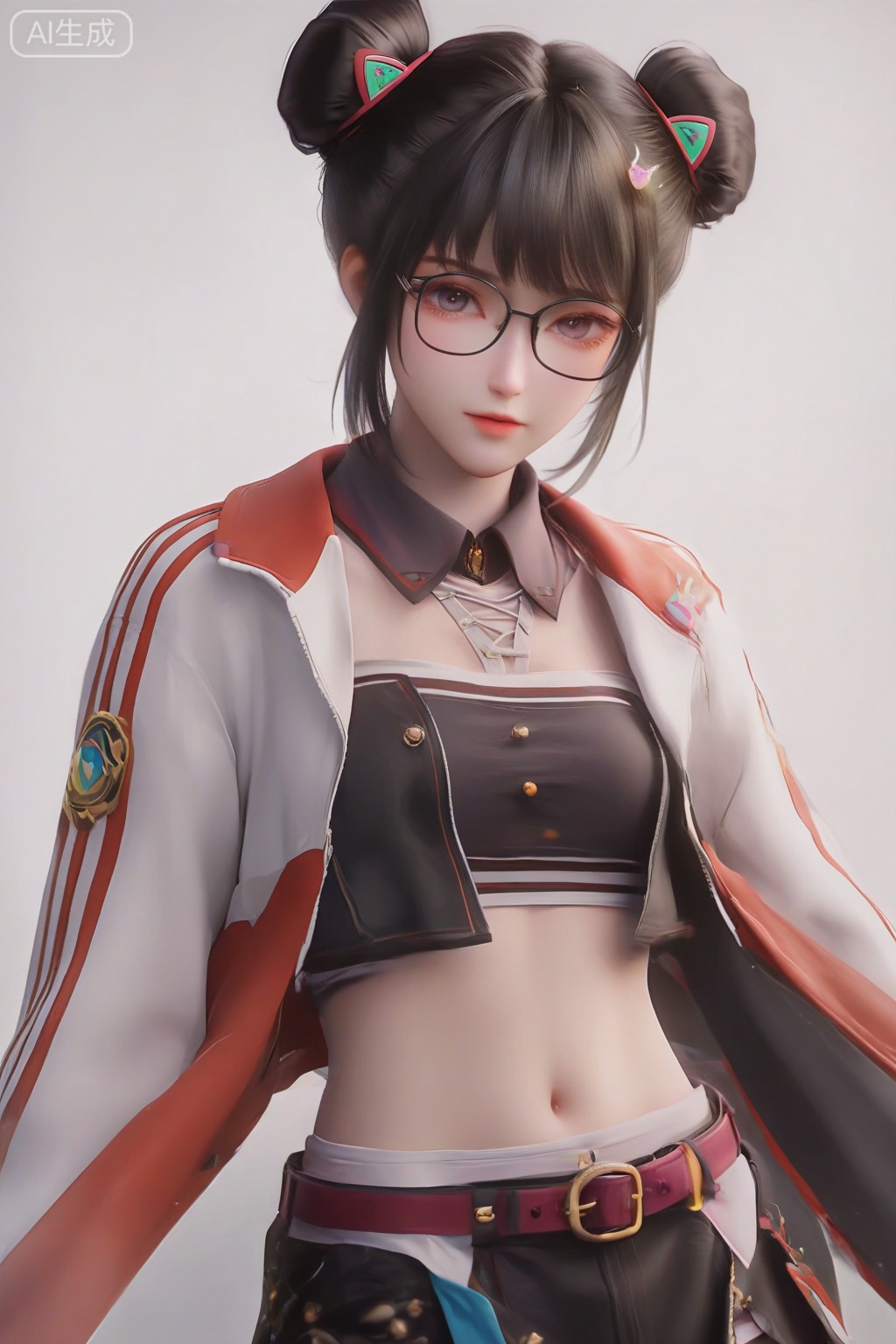 masterpiece, best quality, masterpiece,best quality,official art,extremely detailed CG unity 8k wallpaper,1girl,solo,looking at viewer,short hair,bangs,skirt,black hair,long sleeves,navel,jewelry,jacket,open clothes,glasses,shorts,midriff,belt,black skirt,hair bun,open jacket,crop top,double bun,facing viewer,faceoff,simple background,white background,portrait