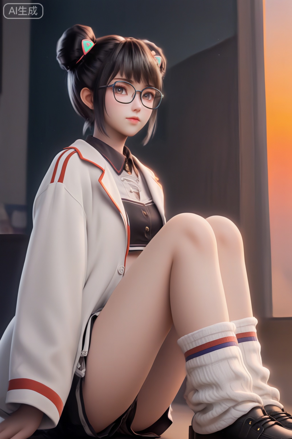 masterpiece,best quality,official art,extremely detailed CG unity 8k wallpaper,1girl,solo,looking at viewer,short hair,bangs,skirt,black hair,long sleeves,navel,jewelry,white coat,open coat,shoes,glasses,shorts,socks,midriff,belt,black skirt,hair bun,black footwear,open clothes,double bun,white socks,loose socks,monochrome,Sunset theme background,intimate atmosphere,intimate atmosphere,intimate atmosphere,sitting,from below