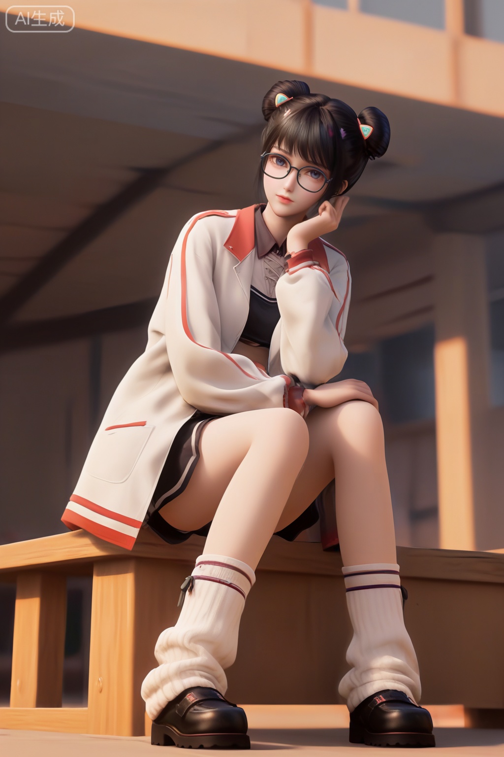 masterpiece,best quality,official art,extremely detailed CG unity 8k wallpaper,1girl,solo,looking at viewer,short hair,bangs,skirt,black hair,long sleeves,navel,jewelry,white coat,open coat,shoes,glasses,shorts,socks,midriff,belt,black skirt,hair bun,black footwear,open clothes,double bun,white socks,loose socks,monochrome,Sunset theme background,intimate atmosphere,intimate atmosphere,intimate atmosphere,sitting,from below