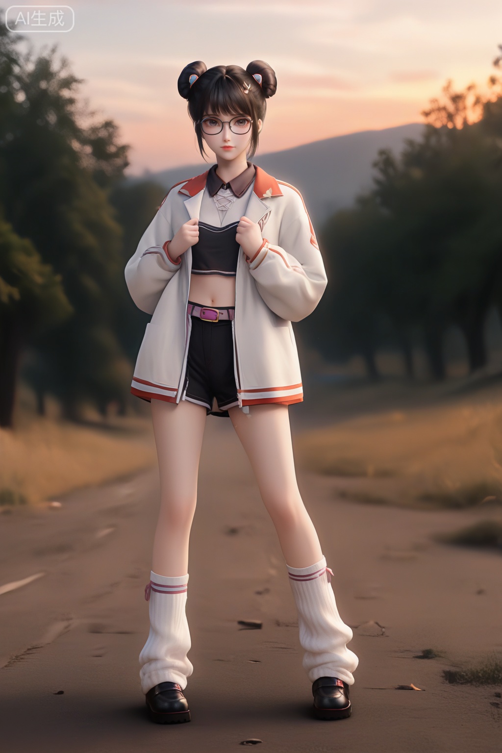 masterpiece,best quality,official art,extremely detailed CG unity 8k wallpaper,1girl,solo,looking at viewer,short hair,bangs,skirt,black hair,long sleeves,navel,jewelry,white coat,open coat,shoes,glasses,shorts,socks,midriff,belt,black skirt,hair bun,black footwear,open clothes,double bun,white socks,loose socks,monochrome,Sunset theme background,intimate atmosphere,intimate atmosphere,intimate atmosphere,sitting,