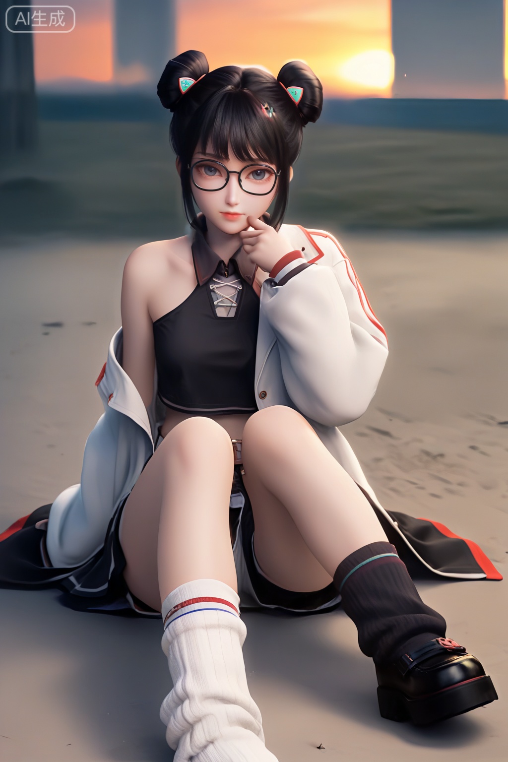 masterpiece,best quality,official art,extremely detailed CG unity 8k wallpaper,1girl,solo,looking at viewer,short hair,bangs,skirt,black hair,long sleeves,navel,jewelry,white coat,open coat,glasses,shorts,socks,midriff,belt,black skirt,hair bun,black footwear,open clothes,double bun,white socks,loose socks,monochrome,Sunset theme background,intimate atmosphere,intimate atmosphere,intimate atmosphere,sitting,off shoulder