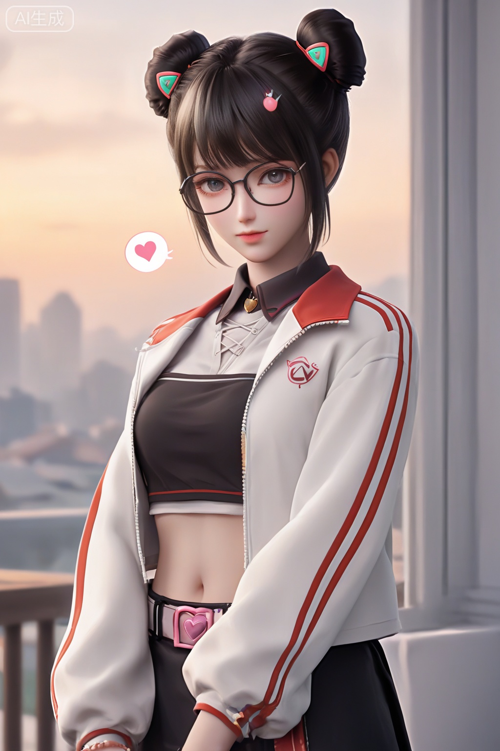 masterpiece, best quality, masterpiece,best quality,official art,extremely detailed CG unity 8k wallpaper,1girl,solo,looking at viewer,short hair,bangs,skirt,black hair,navel,jewelry,white coat, open clothes,glasses,shorts,midriff,belt,black skirt,hair bun,open jacket,crop top,double bun,portrait,spoken heart,motion lines,heart,monochrome,romantic,romantic,romantic,romantic,