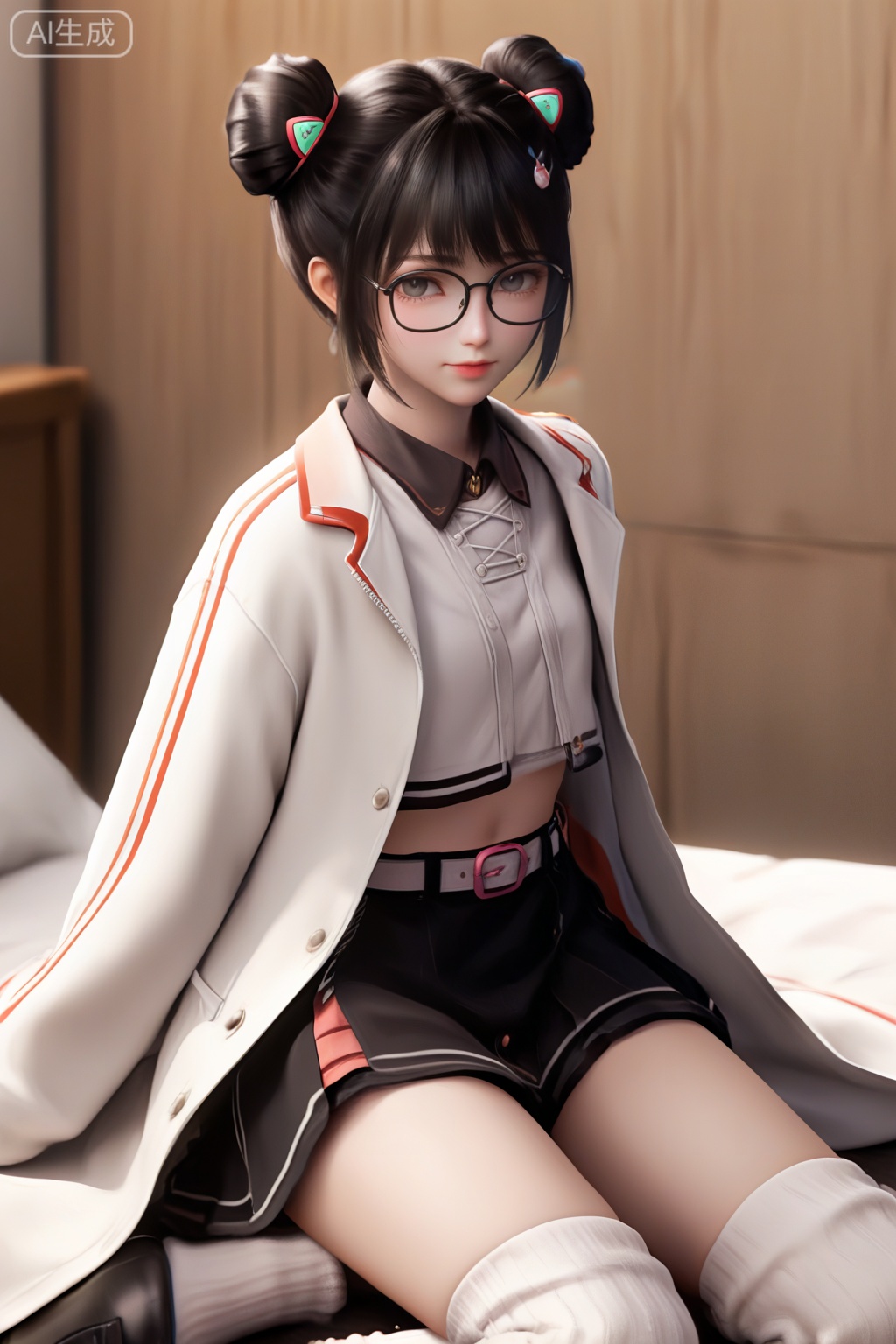 masterpiece,best quality,official art,extremely detailed CG unity 8k wallpaper,1girl,solo,looking at viewer,short hair,bangs,skirt,black hair,long sleeves,navel,jewelry,white coat,open coat,glasses,shorts,socks,midriff,belt,black skirt,hair bun,black footwear,open clothes,double bun,white socks,loose socks,monochrome,Sunset theme background,intimate atmosphere,intimate atmosphere,intimate atmosphere,sitting,off shoulder