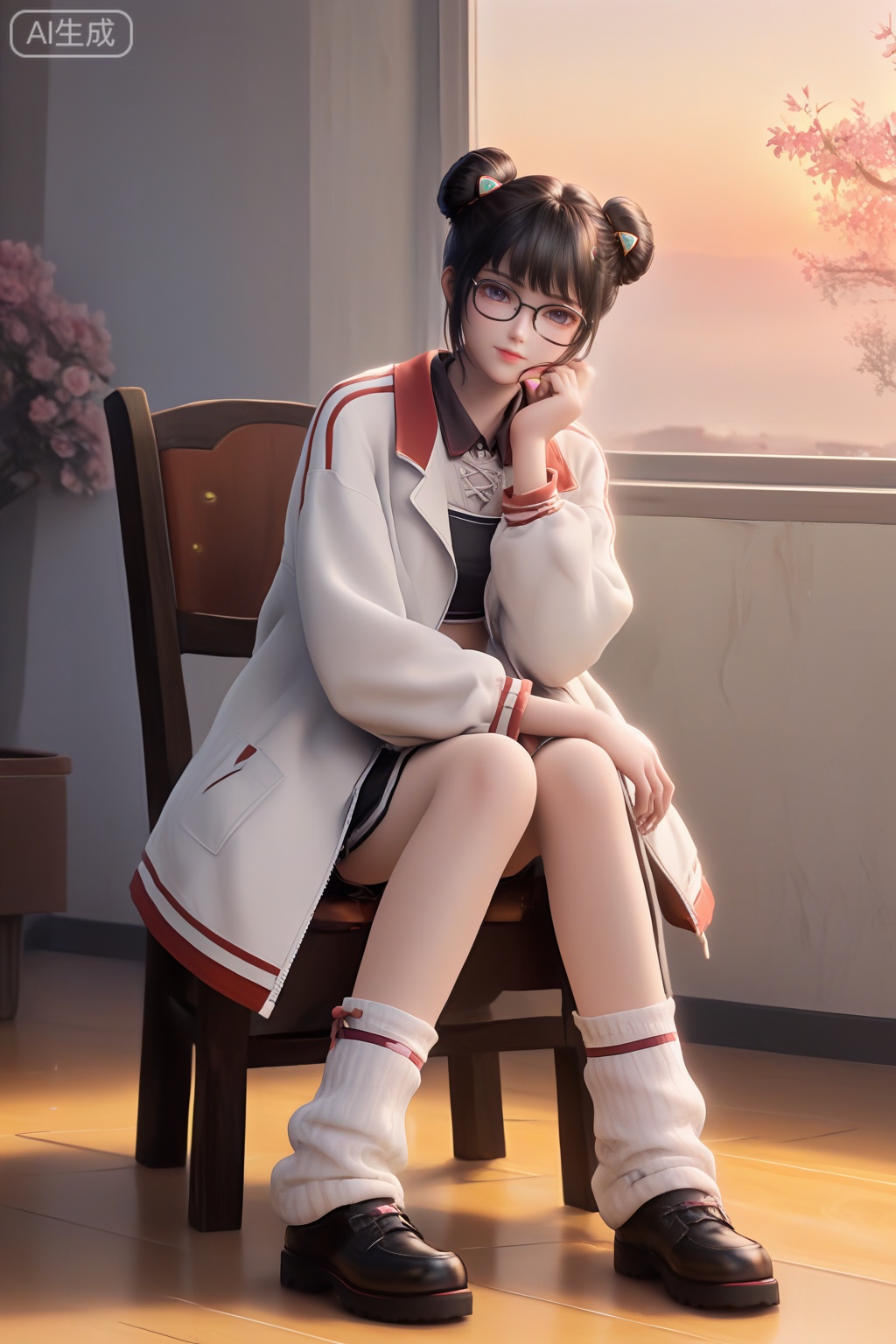masterpiece,best quality,official art,extremely detailed CG unity 8k wallpaper,1girl,solo,looking at viewer,short hair,bangs,skirt,black hair,long sleeves,navel,jewelry,white coat,open coat,shoes,glasses,shorts,socks,midriff,belt,black skirt,hair bun,black footwear,open clothes,double bun,white socks,loose socks,monochrome,Sunset theme background,intimate atmosphere,intimate atmosphere,intimate atmosphere,sitting,bare shoulders