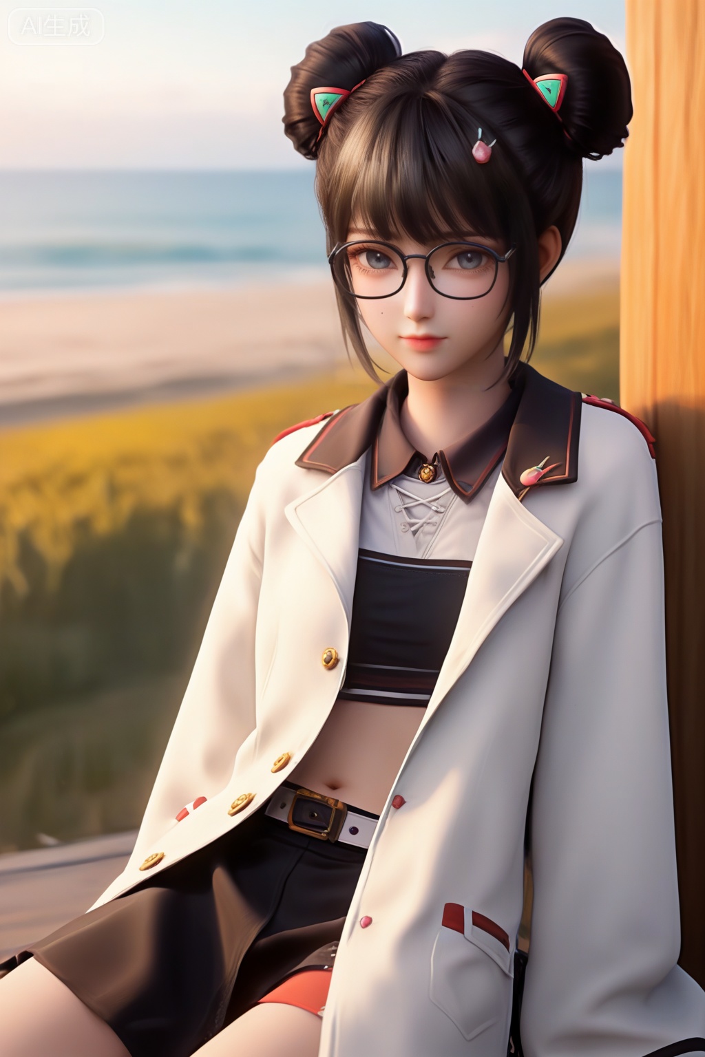 masterpiece,best quality,official art,extremely detailed CG unity 8k wallpaper,1girl,solo,looking at viewer,short hair,bangs,skirt,black hair,long sleeves,navel,jewelry,white coat,open coat,glasses,shorts,midriff,belt,black skirt,hair bun,open clothes,double bun,monochrome,Sunset theme background,intimate atmosphere,intimate atmosphere,intimate atmosphere,sitting,off shoulder
