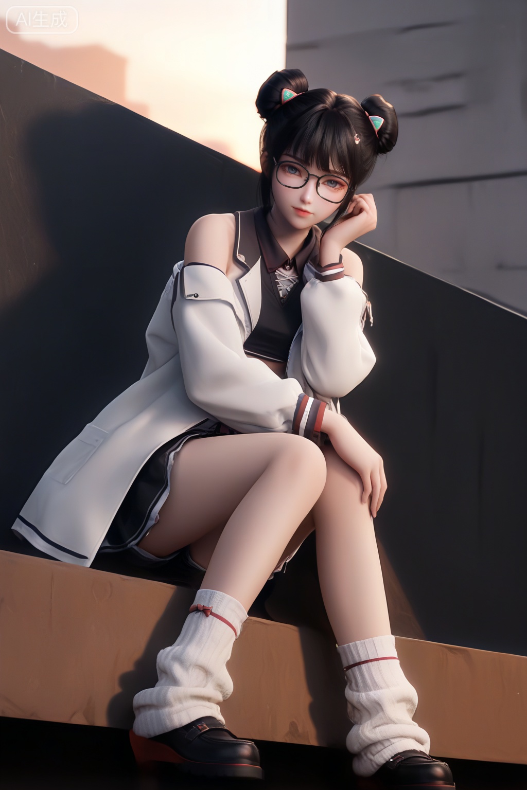 masterpiece,best quality,official art,extremely detailed CG unity 8k wallpaper,1girl,solo,looking at viewer,short hair,bangs,skirt,black hair,long sleeves,navel,jewelry,white coat,open coat,shoes,glasses,shorts,socks,midriff,belt,black skirt,hair bun,black footwear,open clothes,double bun,white socks,loose socks,monochrome,Sunset theme background,intimate atmosphere,intimate atmosphere,intimate atmosphere,sitting,bare shoulders