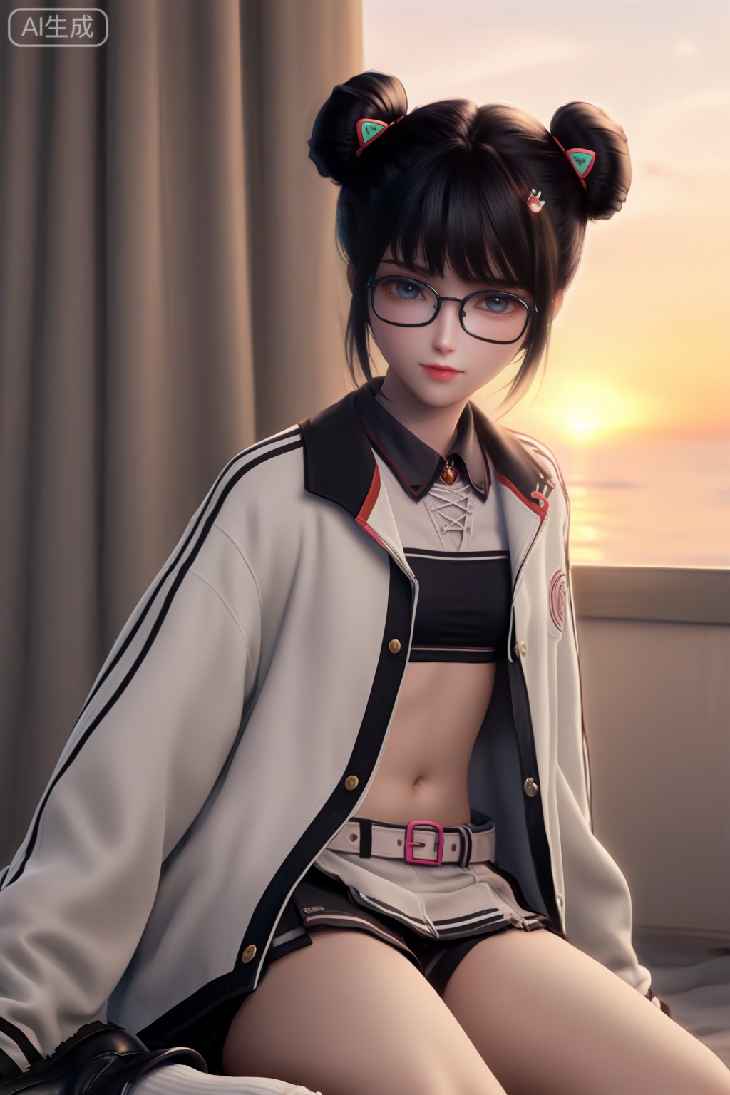 masterpiece,best quality,official art,extremely detailed CG unity 8k wallpaper,1girl,solo,looking at viewer,short hair,bangs,skirt,black hair,long sleeves,navel,jewelry,white coat,open coat,glasses,shorts,socks,midriff,belt,black skirt,hair bun,black footwear,open clothes,double bun,white socks,loose socks,monochrome,Sunset theme background,intimate atmosphere,intimate atmosphere,intimate atmosphere,sitting,