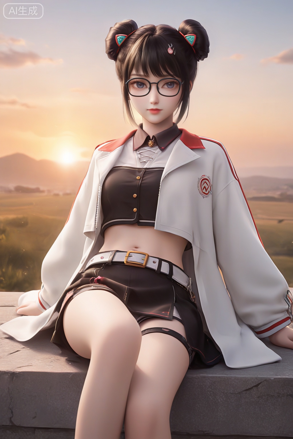 masterpiece,best quality,official art,extremely detailed CG unity 8k wallpaper,1girl,solo,looking at viewer,short hair,bangs,skirt,black hair,long sleeves,navel,jewelry,white coat,open coat,glasses,shorts,midriff,belt,black skirt,hair bun,open clothes,double bun,monochrome,Sunset theme background,intimate atmosphere,intimate atmosphere,intimate atmosphere,sitting,off shoulder
