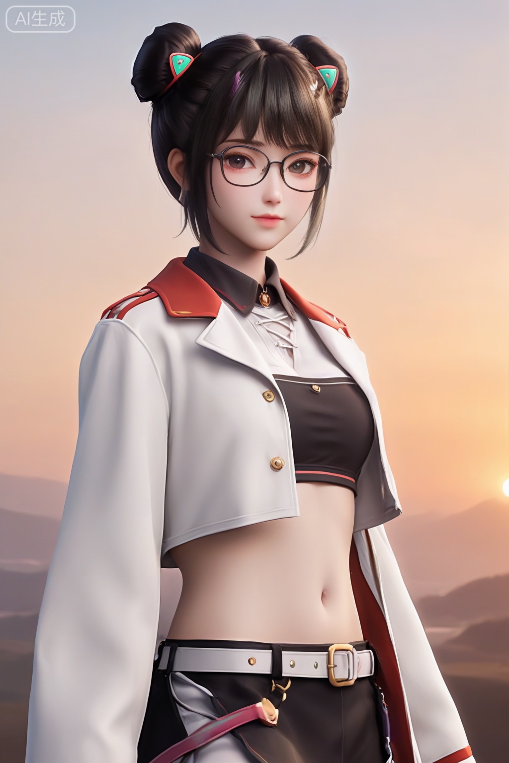 masterpiece, best quality, masterpiece,best quality,official art,extremely detailed CG unity 8k wallpaper,1girl,solo,looking at viewer,short hair,bangs,skirt,black hair,navel,jewelry,crop top,white coat, open clothes,glasses,shorts,midriff,belt,black skirt,hair bun,open coat,double bun,portrait,monochrome,romantic,romantic,romantic,romantic,Sunset theme background