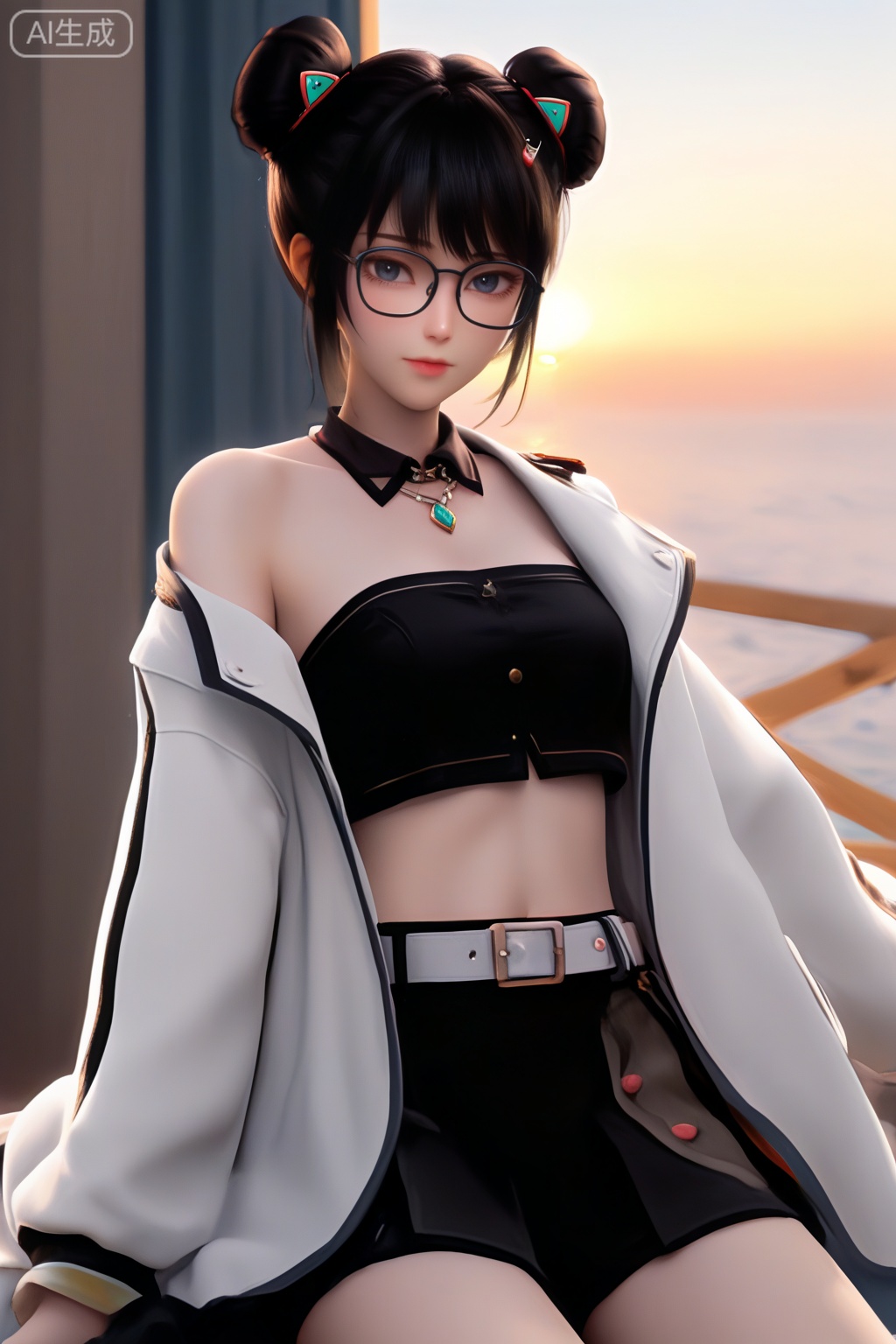 masterpiece,best quality,official art,extremely detailed CG unity 8k wallpaper,1girl,solo,looking at viewer,short hair,bangs,skirt,black hair,long sleeves,navel,jewelry,white coat,open coat,glasses,shorts,midriff,belt,black skirt,hair bun,open clothes,double bun,monochrome,Sunset theme background,intimate atmosphere,intimate atmosphere,intimate atmosphere,sitting,off shoulder