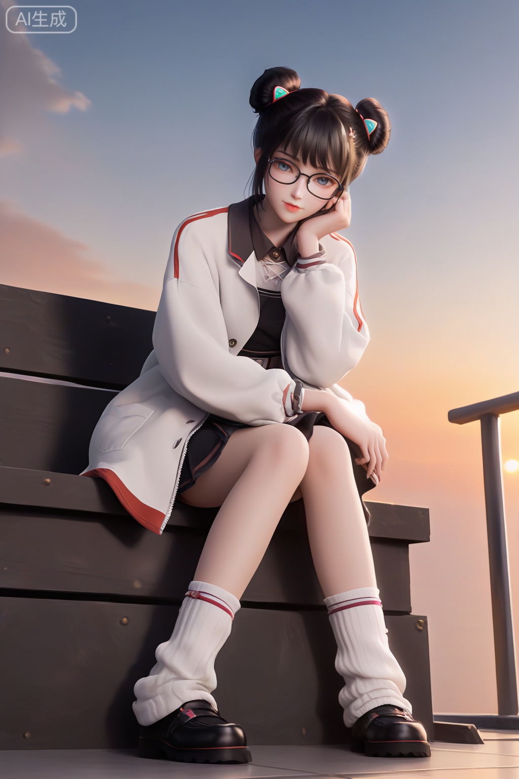 masterpiece,best quality,official art,extremely detailed CG unity 8k wallpaper,1girl,solo,looking at viewer,short hair,bangs,skirt,black hair,long sleeves,navel,jewelry,white coat,open coat,shoes,glasses,shorts,socks,midriff,belt,black skirt,hair bun,black footwear,open clothes,double bun,white socks,loose socks,monochrome,Sunset theme background,intimate atmosphere,intimate atmosphere,intimate atmosphere,sitting,bare shoulders