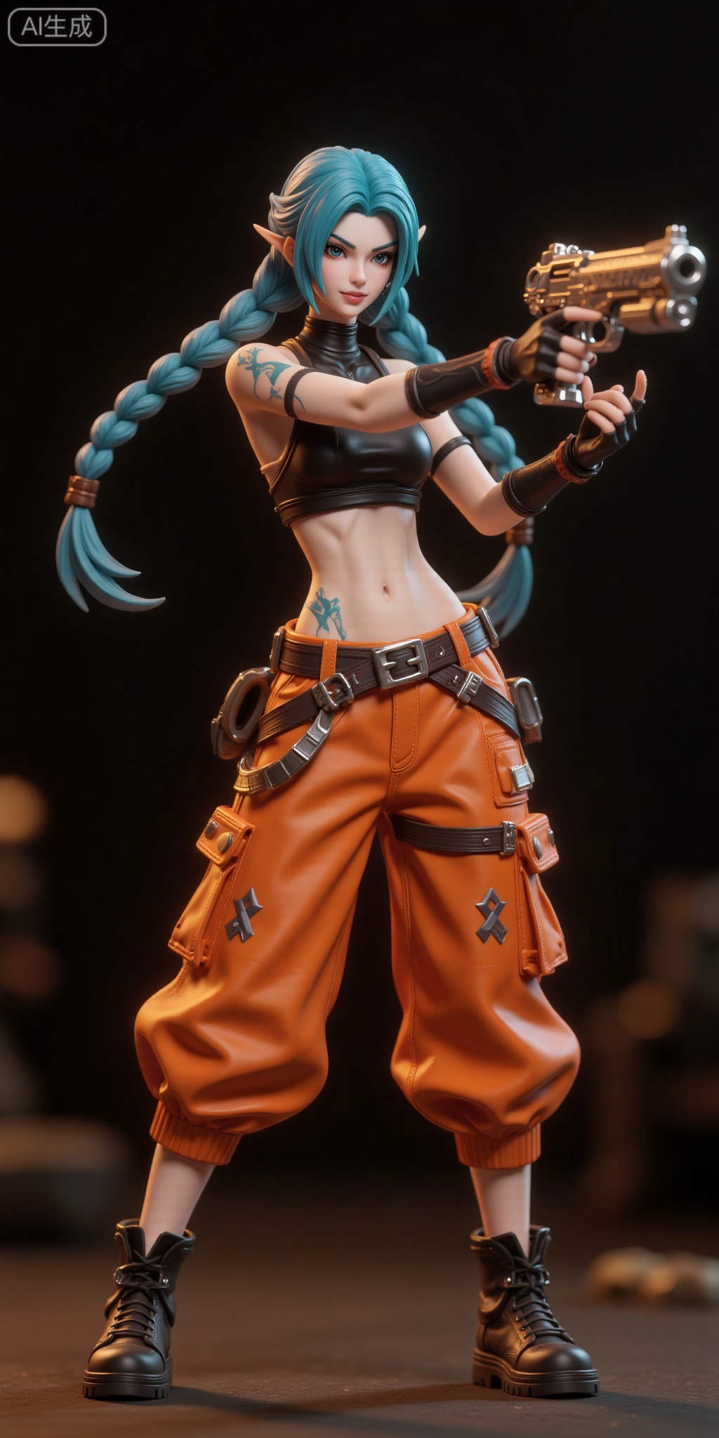 Garage Kit,This is a highly detailed CGI rendering of a female character from a fantasy or sci-fi setting. She is depicted in a dynamic, action-oriented pose, with her left arm extended and holding a futuristic-looking silver and black gun, and her right arm raised, holding a similar weapon. Her expression is fierce and determined, with sharp, intense eyes and a slight smirk.

The character has a slender, athletic build with a visible six-pack. Her skin tone is pale, and she has a tattoo of a blue X on her left arm. Her long, blue hair is styled in two thick braids, one over each shoulder. She wears a black crop top that exposes her midriff and a pair of high-waisted, baggy orange pants with numerous pockets and belts. The pants have a diamond pattern on the sides, adding a touch of style and functionality. Her outfit also includes black fingerless gloves and black boots with visible straps.

The background is a dark, gradient, and blurred setting that focuses attention on the character. The lighting is warm and casts soft shadows, enhancing the character's detailed textures and the vibrant colors of her outfit. This image is a highly polished, realistic CGI rendering with a vibrant, energetic style.