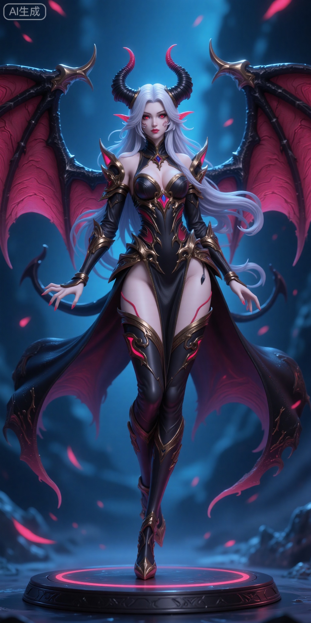 Garage Kit,This is a very detailed digital rendering artwork depicting a fantasy character, created in a vibrant anime style. This character is a female demon with a striking appearance. She has flowing white hair and a pair of sharp red eyes. Her skin was pale and she had large, curved black horns on her head. Her outfit is a fitted dark metal armor adorned with intricate gold designs and decorations. The characteristics of this armor are a high neckline, long sleeves, and a skirt like design that flows outward, revealing her legs and a trace of thigh. The armor is also decorated with bat like large wings, which are mainly dark in color and have bright pink films.

She stood on a circular pedestal against a dark and mysterious background, with soft and ethereal blue and purple lights creating a mysterious atmosphere. The scene is filled with shadows and subtle, abstract shapes, implying a fantasy realm or magical environment. The overall composition is dynamic, and the character's posture exudes confidence and strength. This photo captures the fusion of elegance and ferocity, which is a typical feature of fantasy female protagonists in anime and video games.