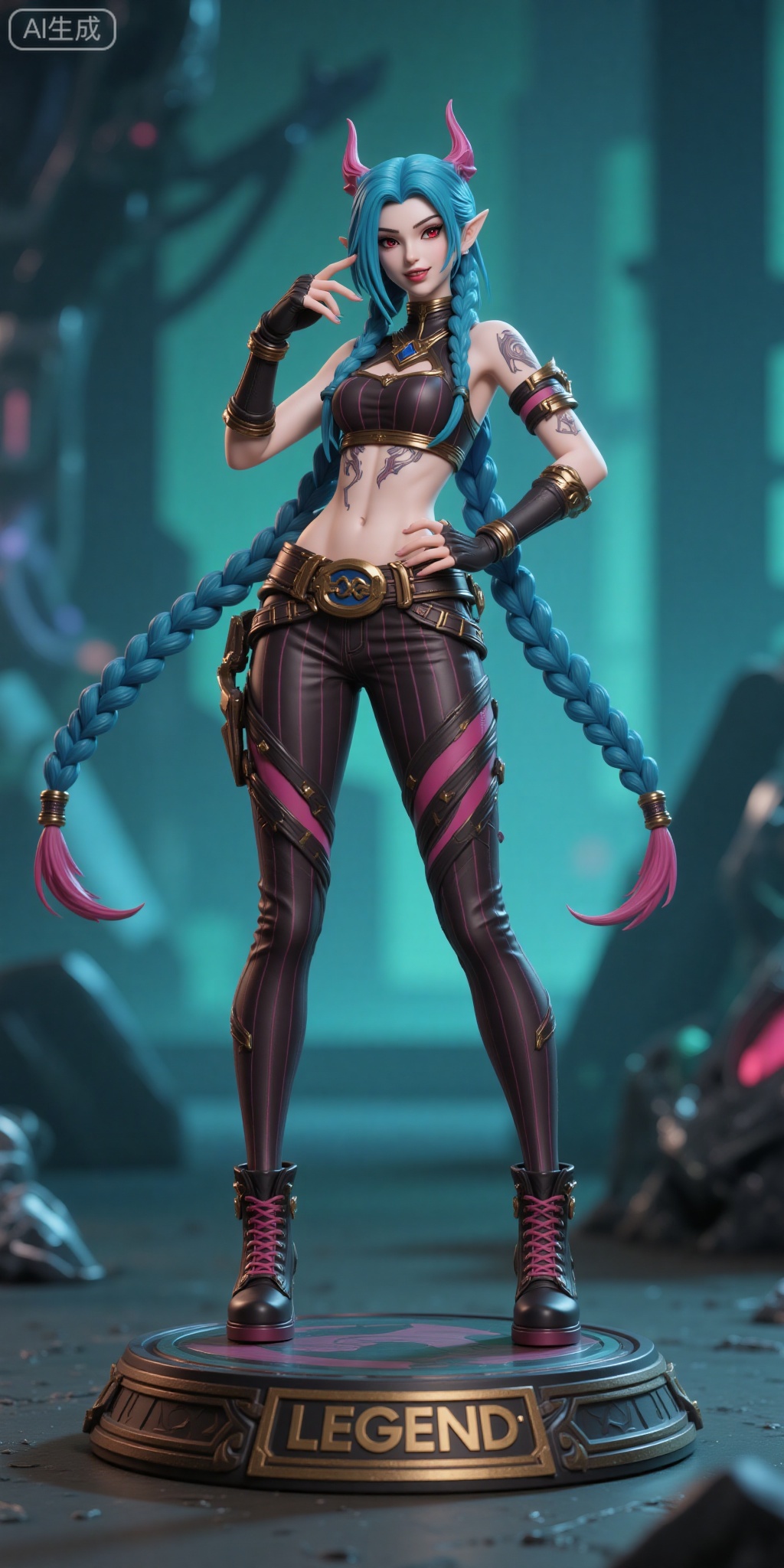 The image is a high-resolution digital artwork featuring a CGI-rendered character from the video game "League of Legends." The character is a female warrior with a confident and powerful stance. She has long, vibrant blue hair styled in twin braids that cascade down her back and shoulders. Her skin is fair, and she has a lean, athletic build. She wears a black and pink striped crop top with a gold choker and a matching belt with a gold buckle. Her pants are also striped, in black and pink, and she has black fingerless gloves with gold accents. Her boots are black with pink laces and gold buckles, adding to her edgy, futuristic style. She has a tattoo on her left arm and a small tattoo on her right bicep. Her expression is fierce, with red eyes and a slight smirk. The background is a gradient of cool blues and greens, suggesting a futuristic or sci-fi setting. There are metallic elements and a hint of machinery, possibly a game console or a gaming environment. The base of the figure has the word "LEGEND" in bold, gold letters, emphasizing her status as a powerful and iconic character.