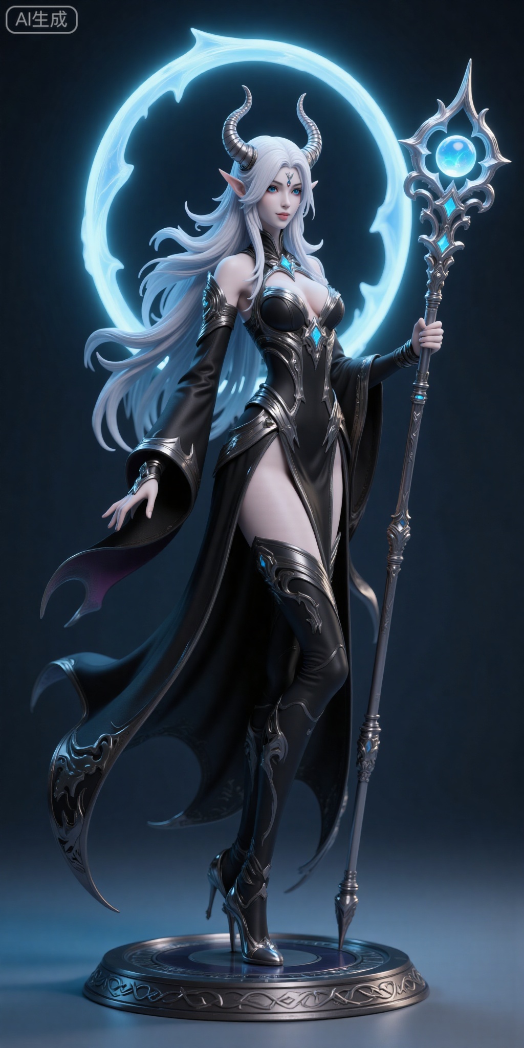 Garage Kit,This is a highly detailed CGI (computer-generated imagery) artwork of a fantastical, magical character. The character is a female with long, flowing white hair that cascades down her back. She has pale skin and a striking, almost ethereal appearance. Her eyes are a light, almost glowing blue, and she has two prominent, curved, metallic horns protruding from her head.

She is dressed in a form-fitting, black, high-collar robe that is adorned with intricate, silver designs and ornate, gold accents. The robe flows dramatically around her, suggesting both power and elegance. She wears a matching black, high-collared top with a deep V-neck that accentuates her cleavage. Her outfit is completed with a pair of thigh-high boots that match the color and design of her robe.

In her right hand, she holds a long, ornate staff topped with a glowing blue orb. The staff is adorned with intricate, silver designs and features a small, glowing blue gem at the tip. Behind her, a radiant, circular, glowing blue light emanates from her head, adding to her mystical aura.

The background is a gradient of dark blues and purples, creating a mystical, otherworldly atmosphere. The character stands on a circular, metallic base