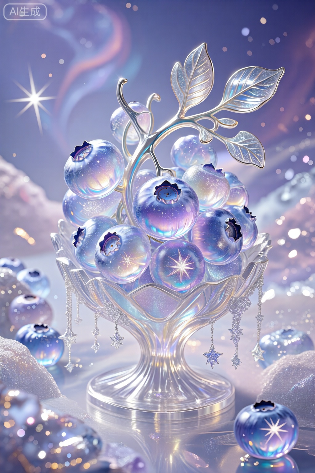 星云状的幻银琉璃蓝莓,靛紫、银白的星芒在蓝莓果粒里穿梭,铂银像星尘凝结,珐琅果枝带着星轨纹路,缠在闪着星辉的透明支架上（支架垂着琉璃星屑）,周围浮着琉璃星雾,背景是深邃的靛紫色柔光。