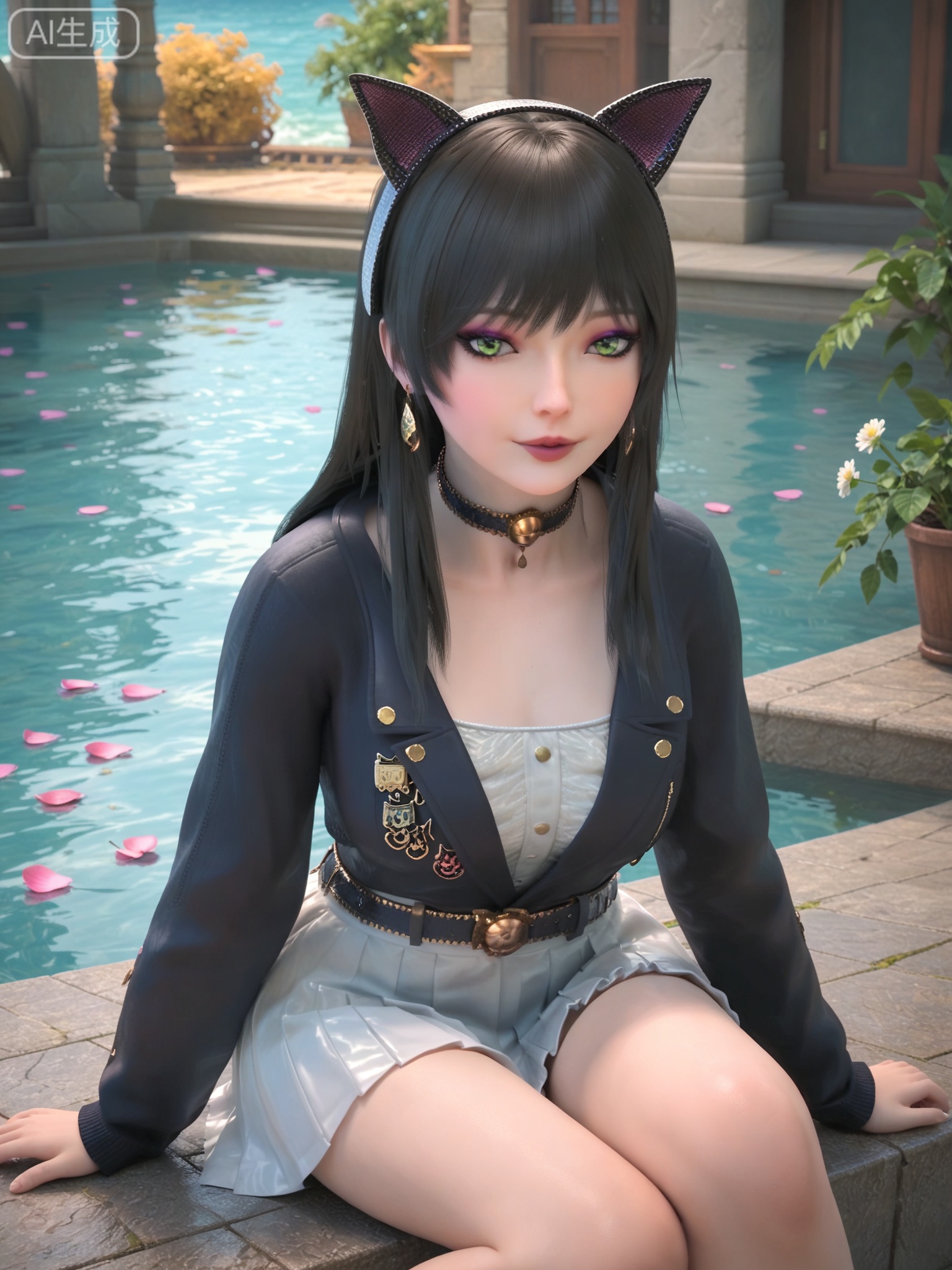 score_9,score_8_up,score_7_up,realistic,photorealistic,1girl,solo,looking_at_viewer,realistic,1girl,Vivid Colors,bright environment,delicate water,hair_ornament,shiny skin,shiny hair,reflection,flower sea,falling petals,extreme detail description,(full body:0.3),black hair,(skindentation:1.3),bright,sunshine on face,light,sitting_down,reflection,leg slimming,lose weight,slim hips,earrings,hair ornament,necklace,make up,eyeshadow,eyeliner,eyelashes,black hair,choker,green eyes,bangs,cat ears,neck bell,belt,choker,white skirt,pleated_skirt,jacket,