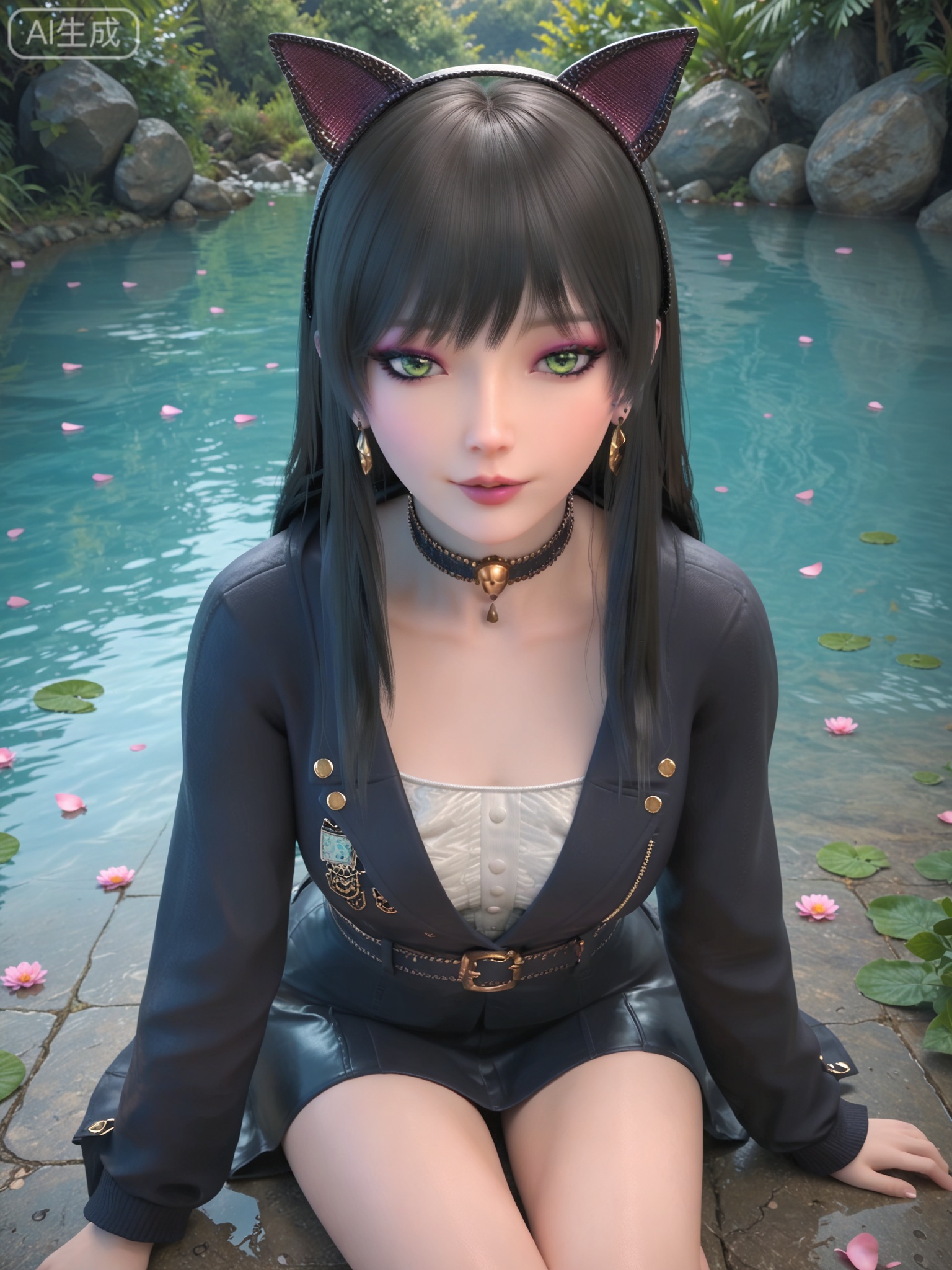 score_9,score_8_up,score_7_up,realistic,photorealistic,1girl,solo,looking_at_viewer,realistic,1girl,Vivid Colors,bright environment,delicate water,hair_ornament,shiny skin,shiny hair,reflection,flower sea,falling petals,extreme detail description,(full body:0.3),black hair,(skindentation:1.3),bright,sunshine on face,light,sitting_down,reflection,leg slimming,lose weight,slim hips,earrings,hair ornament,necklace,make up,eyeshadow,eyeliner,eyelashes,black hair,choker,green eyes,bangs,cat ears,neck bell,belt,choker,skirt,jacket,