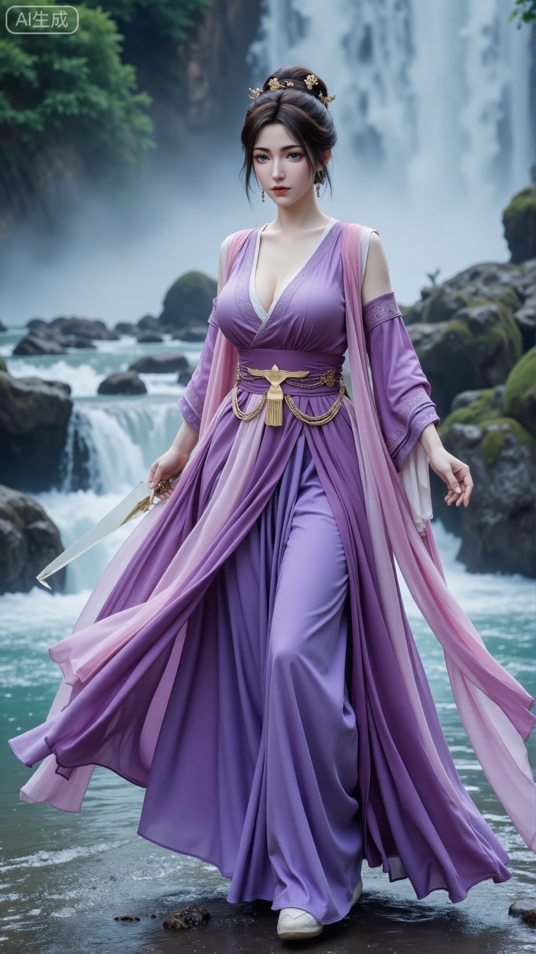 (masterpiece,best quality:1.23),Dominant sister-type girl, purple velvet ancient style long dress, perfect body, in a valley with a rushing waterfall, holding a long sword, sharp gaze, mist pervading, magnificent aura.(huge breasts, full breasts:2.99),,,Xbigbreasts,XbaifengsongyuYH,XzhouzimoH,XliancangH,XmupeilingHongyi,XyinyueX3